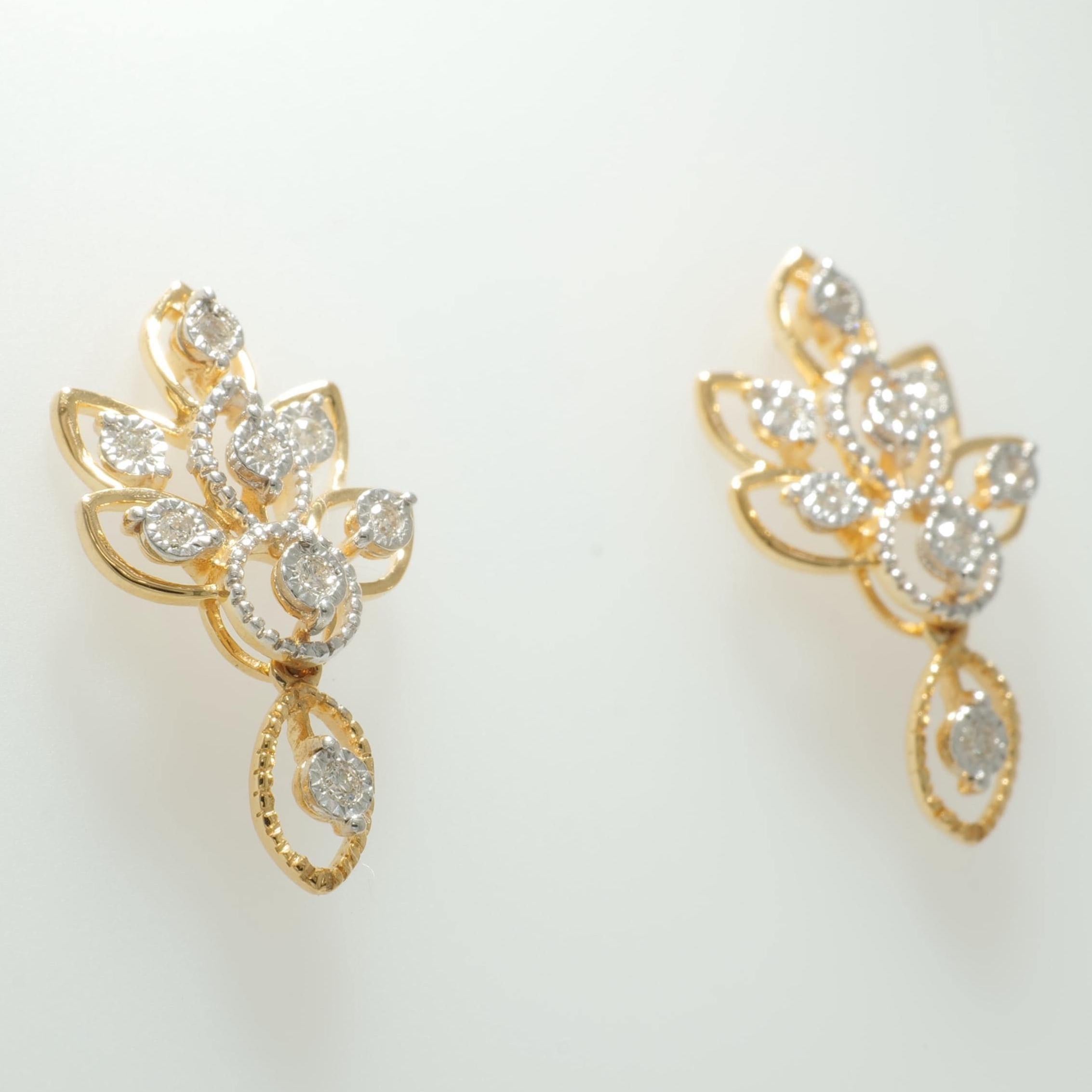 Boucles d'oreilles pendantes en or massif 14 carats avec diamants floraux (certifié) en vente 3