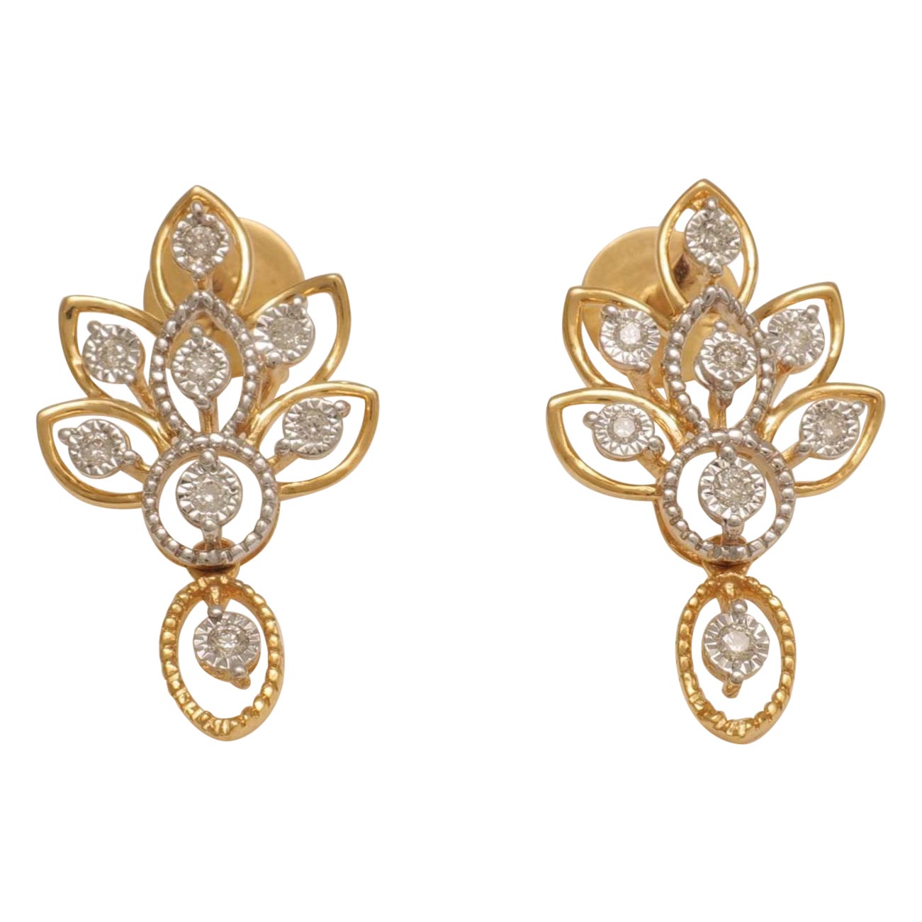 Boucles d'oreilles pendantes en or massif 14 carats avec diamants floraux (certifié) en vente