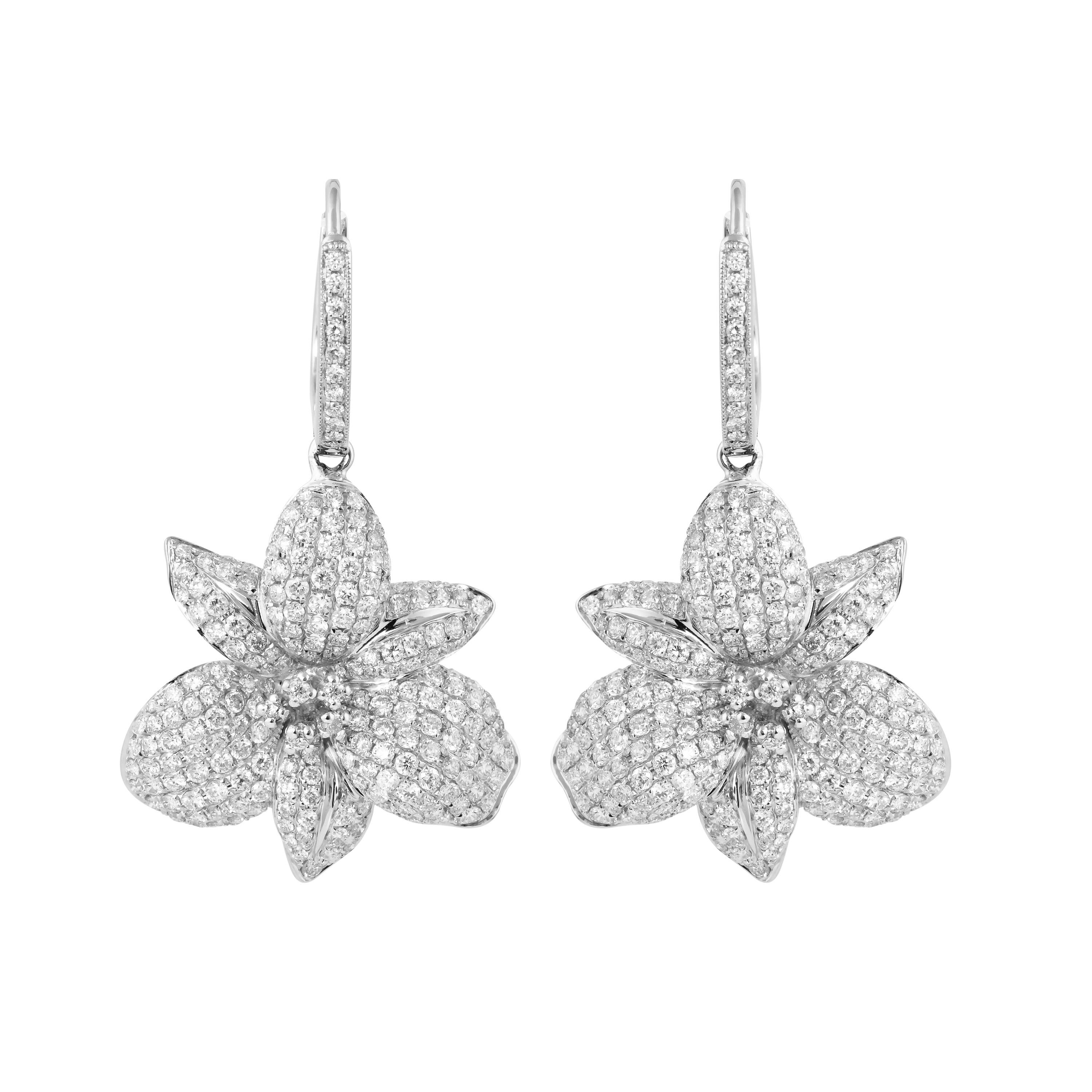 Contemporary Floral Diamond Earring in 14 Karat White Gold For Sale