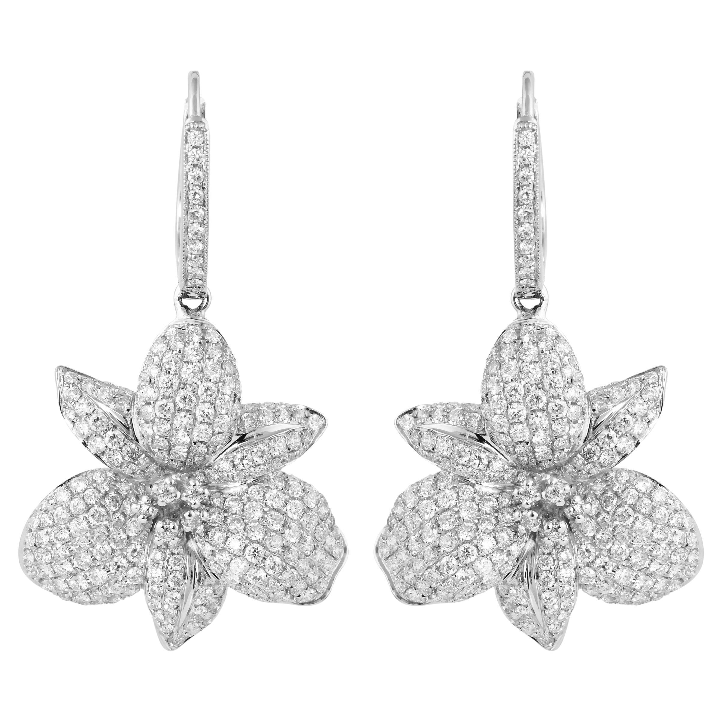 Floral Diamond Earring in 14 Karat White Gold For Sale