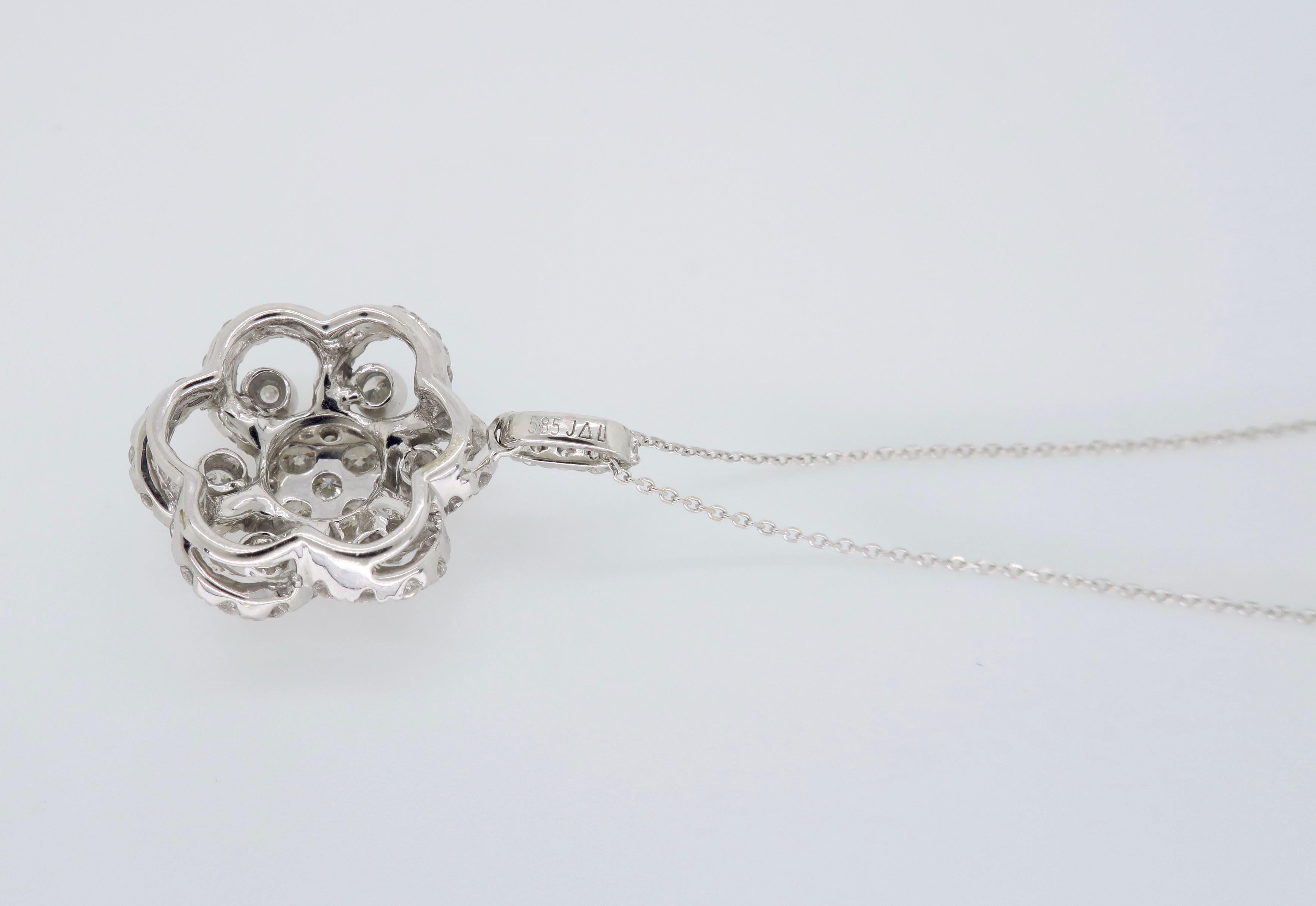 Round Cut Floral Diamond Pendant Necklace in White Gold
