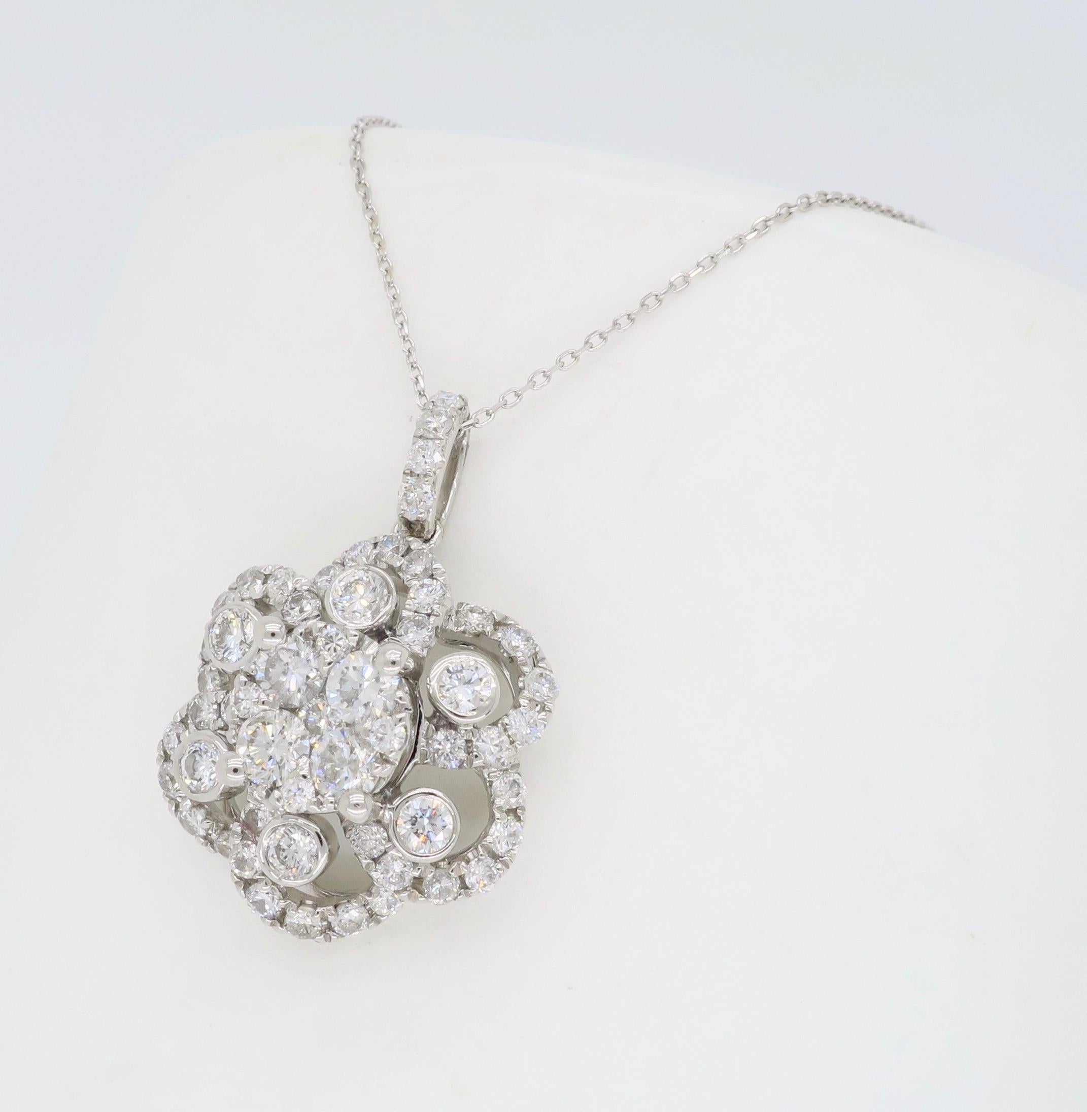 Floral Diamond Pendant Necklace in White Gold In New Condition In Webster, NY