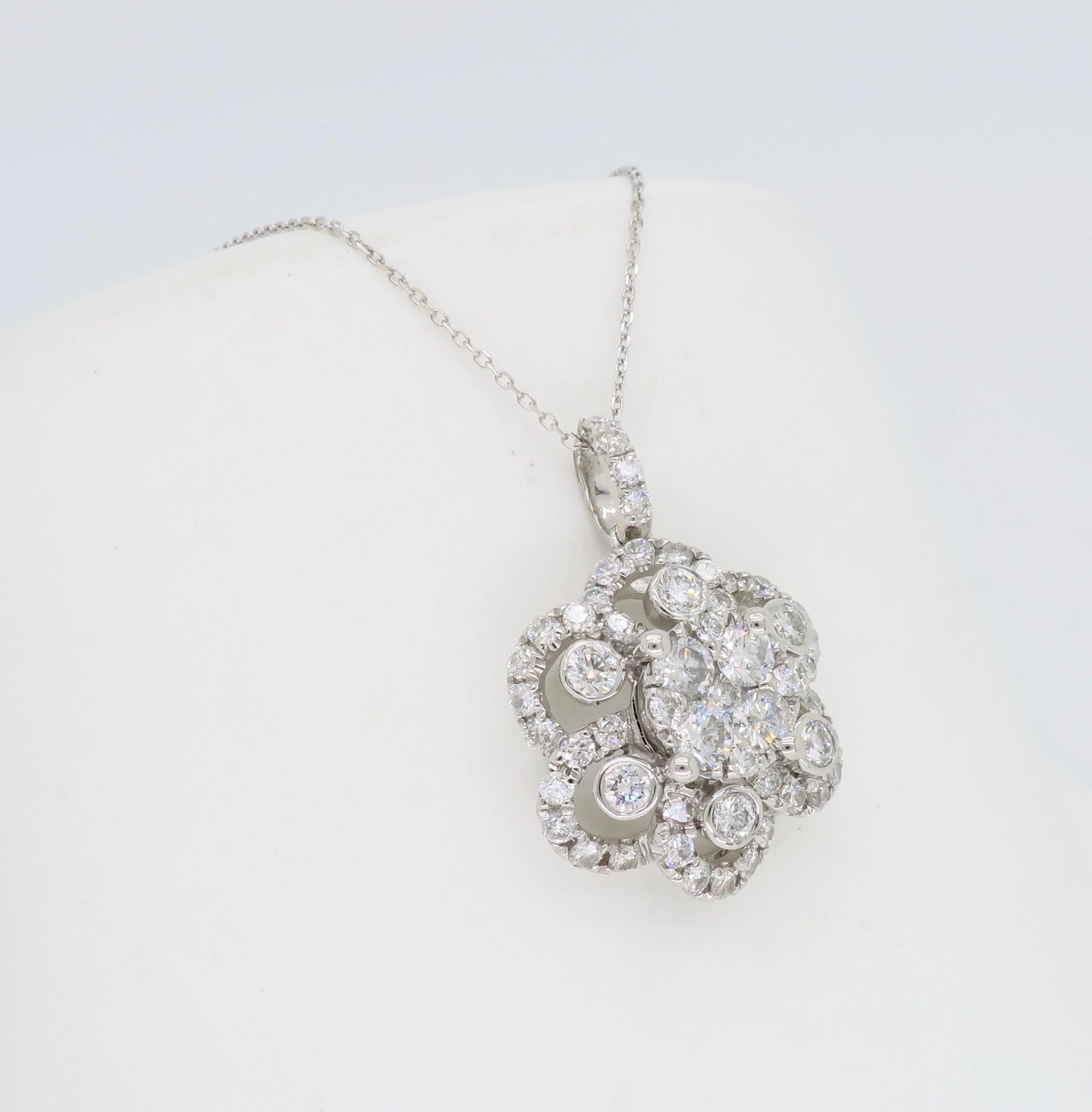 Women's or Men's Floral Diamond Pendant Necklace in White Gold