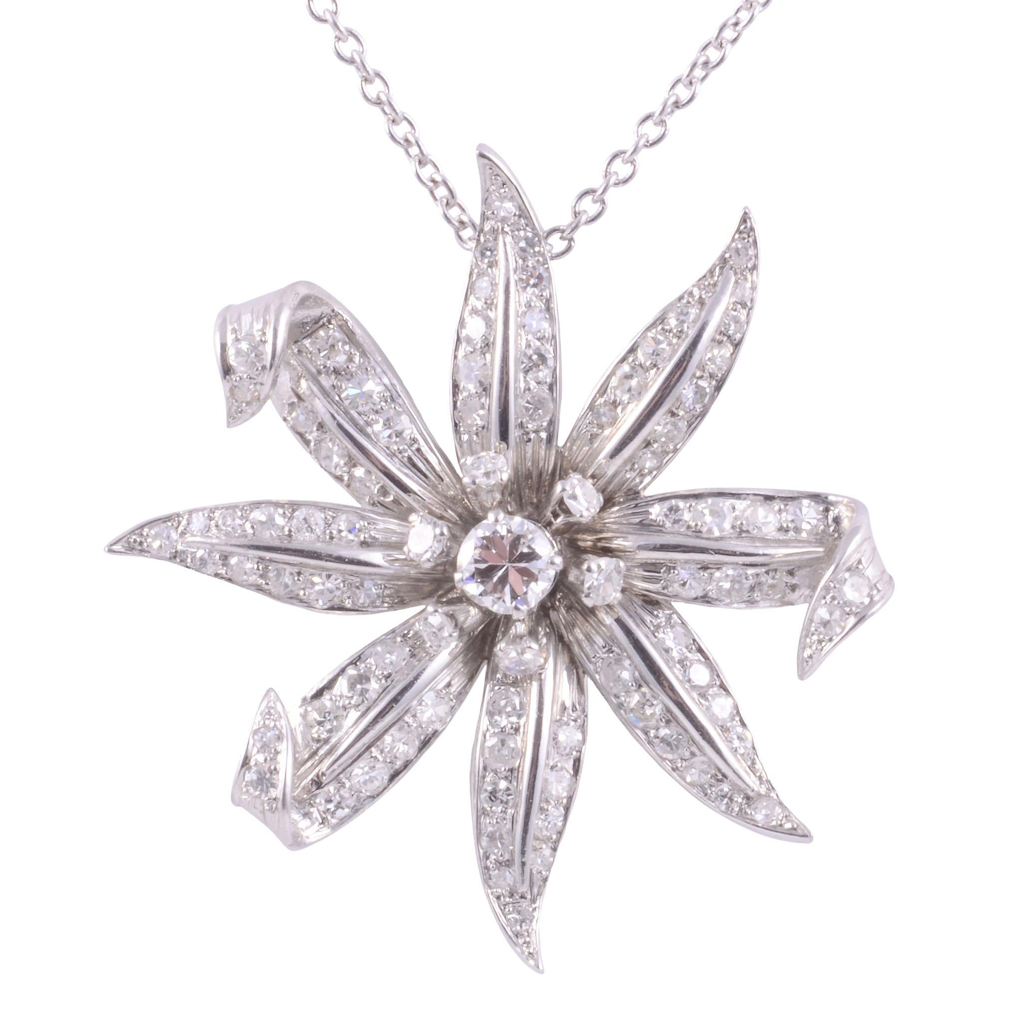 Women's Floral Diamond Platinum Necklace and Earring Set For Sale