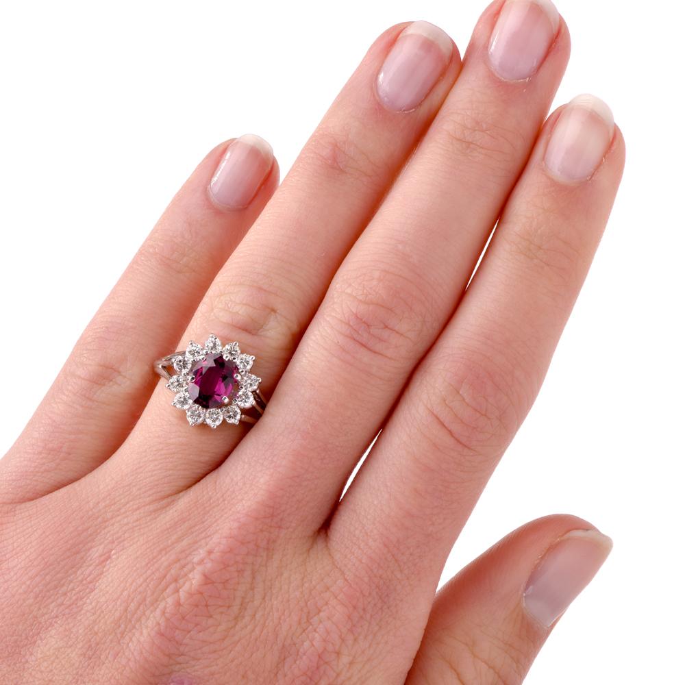 Oval Cut Floral Diamond Ruby 18 Karat White Gold Cocktail Ring