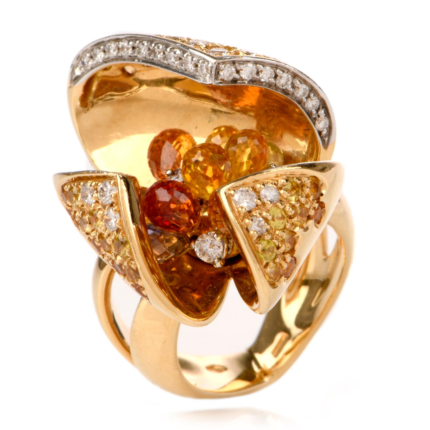 Artisan Floral Diamond Sapphire Gold Italian Cocktail Ring