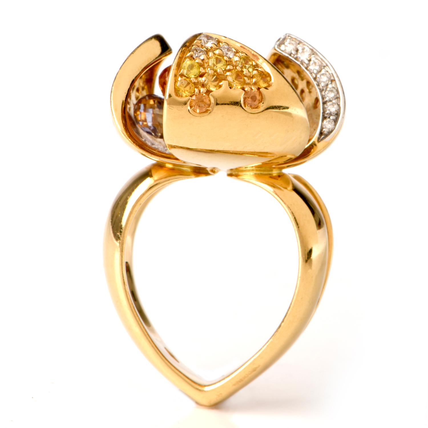 Floral Diamond Sapphire Gold Italian Cocktail Ring 2