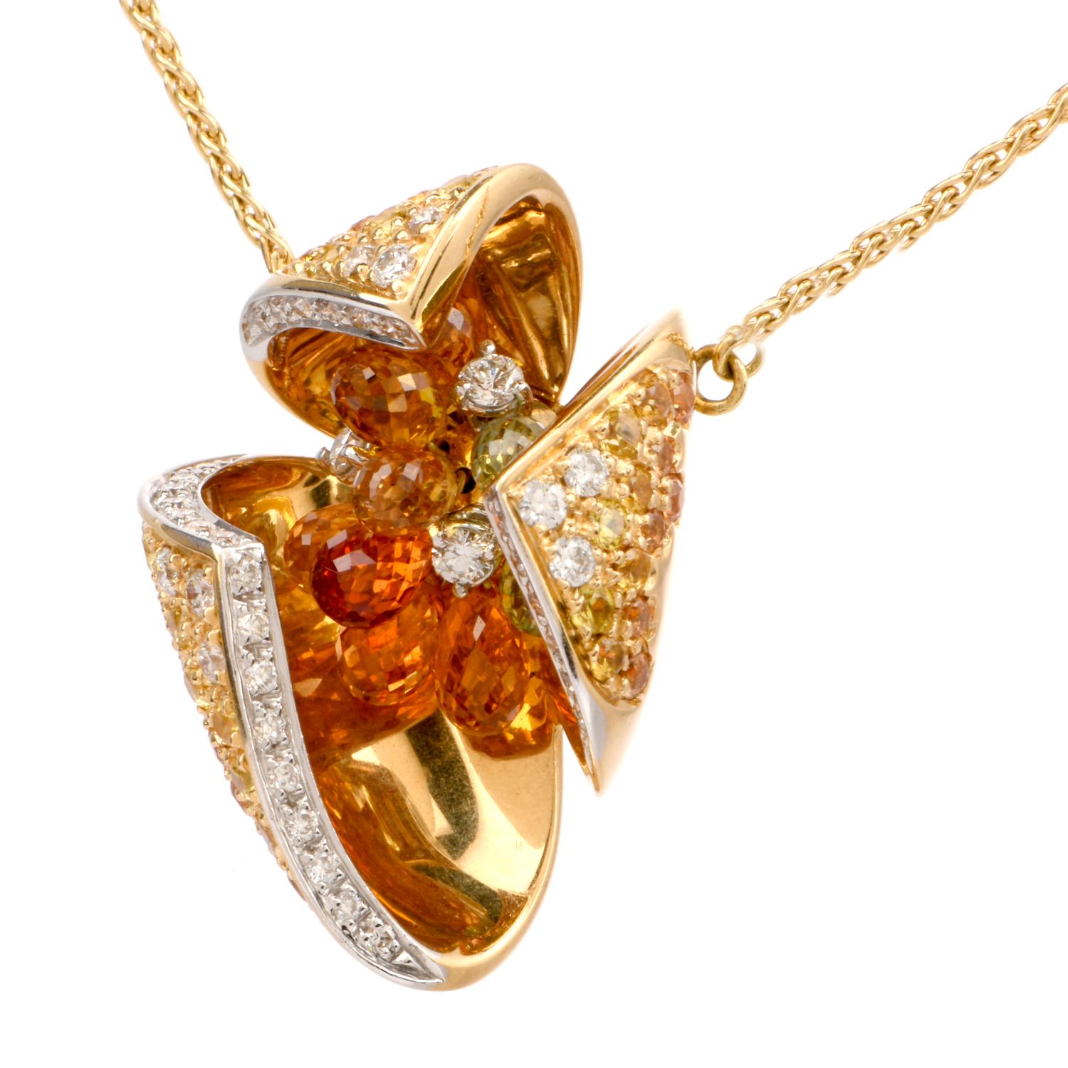 Round Cut Floral Diamond Sapphire Gold Italian Pendant Necklace