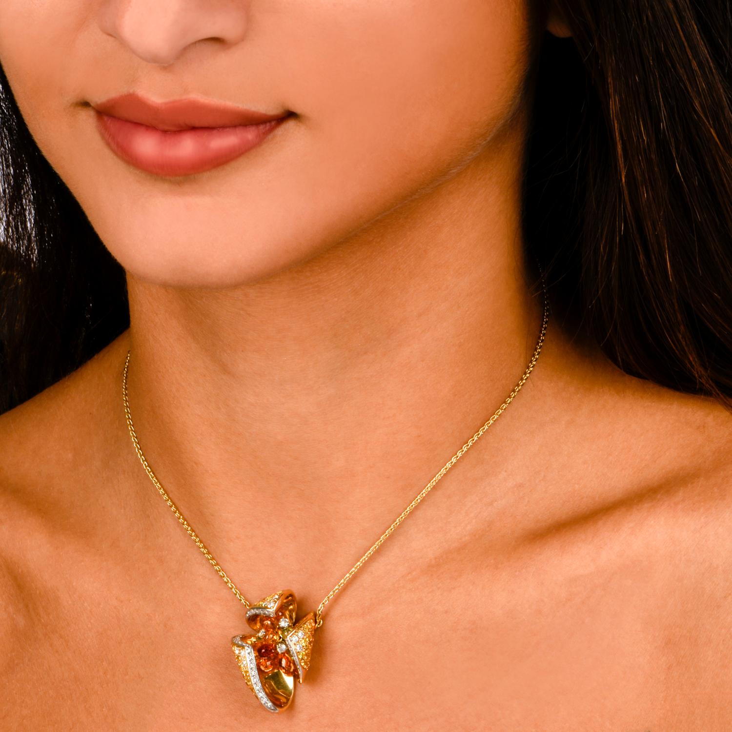 Floral Diamond Sapphire Gold Italian Pendant Necklace 1