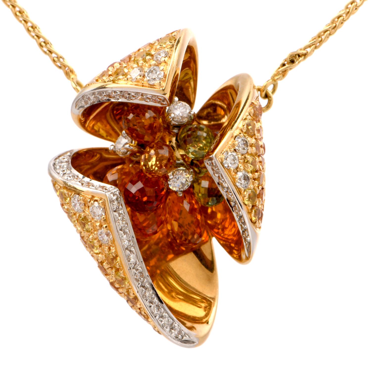 Floral Diamond Sapphire Gold Italian Pendant Necklace