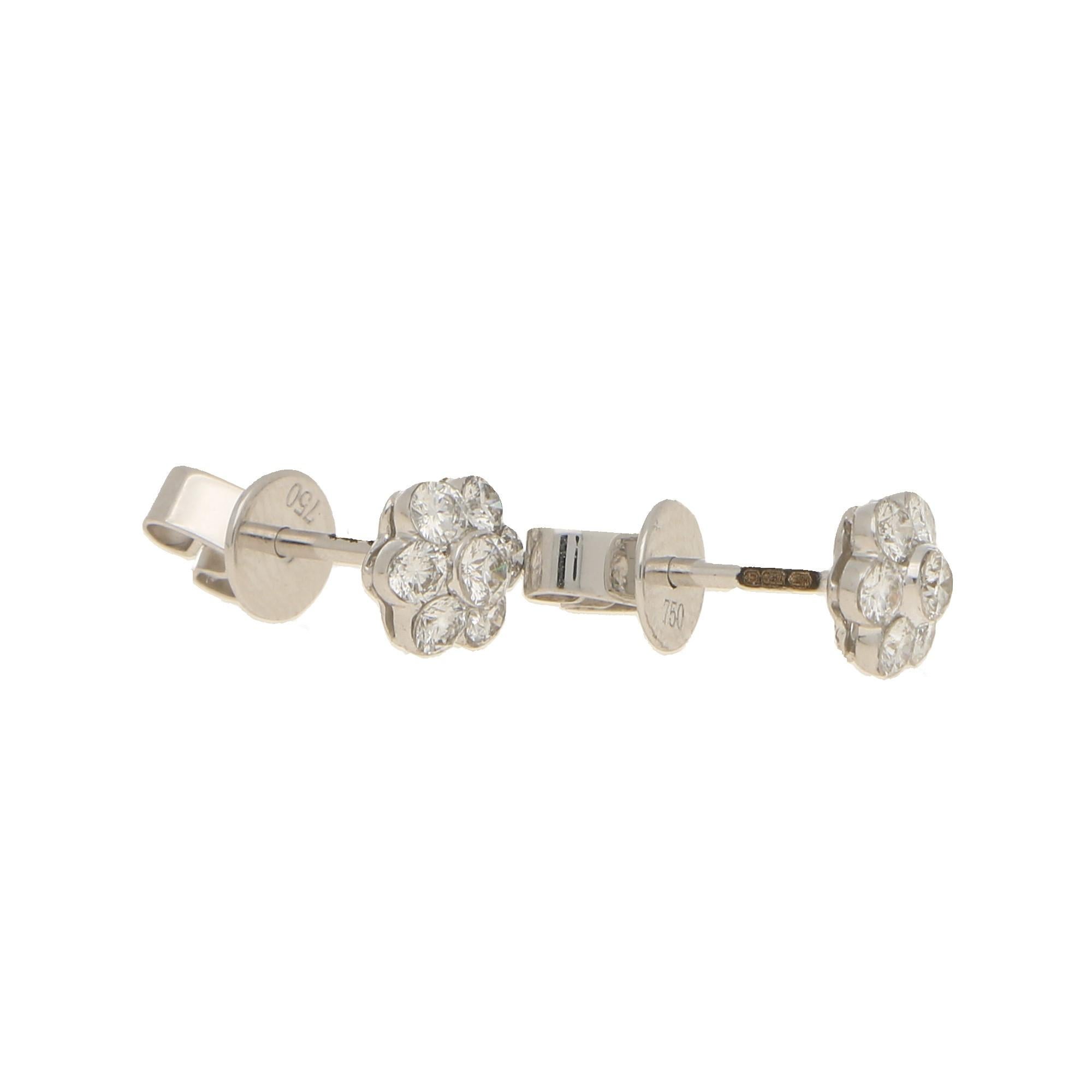 Round Cut Floral Diamond Stud Earrings in 18 Karat White Gold