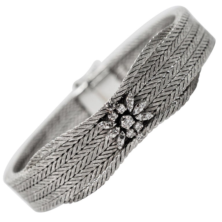 Floral Diamond White Gold Herringbone Bracelet For Sale at 1stDibs