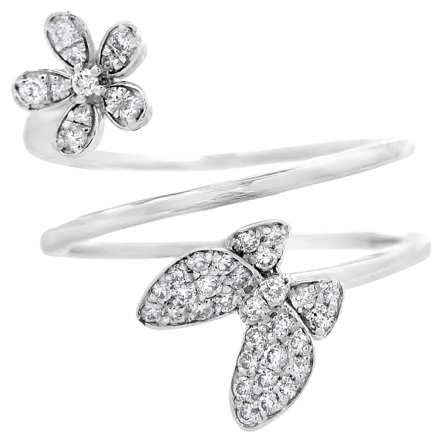 Anillo Envolvente Floral de Diamantes en Oro Blanco de 14K Pavé de 0,23ct Talla 7 en venta