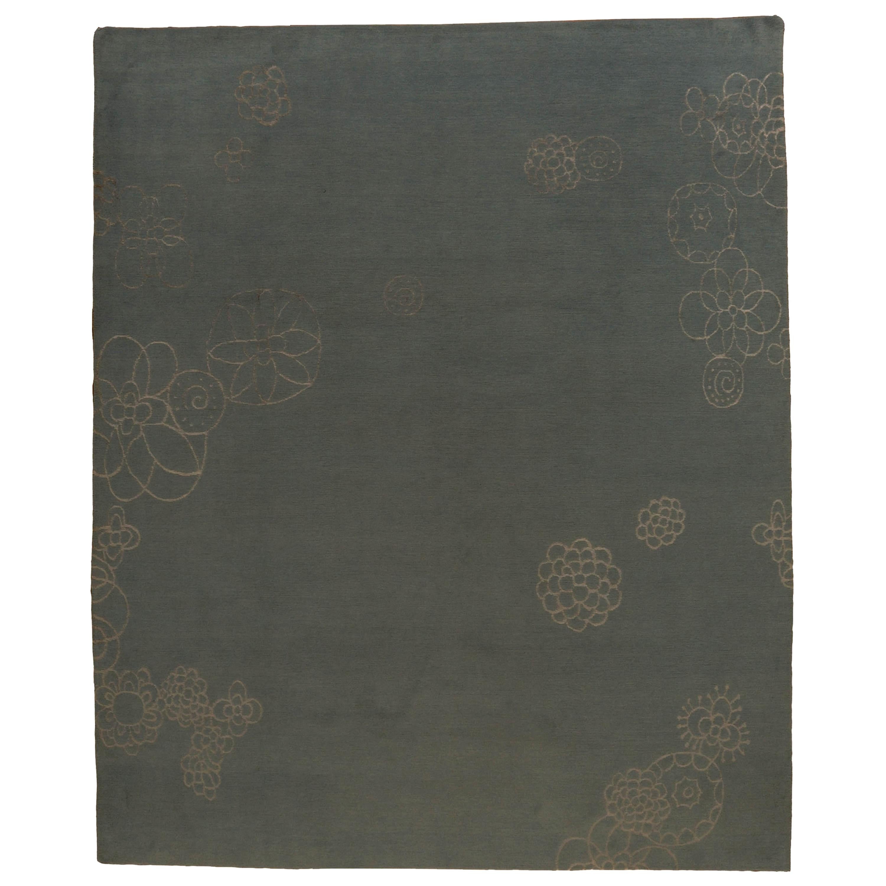 Floral Doodle Grey Wool and Silk Area Rug For Sale