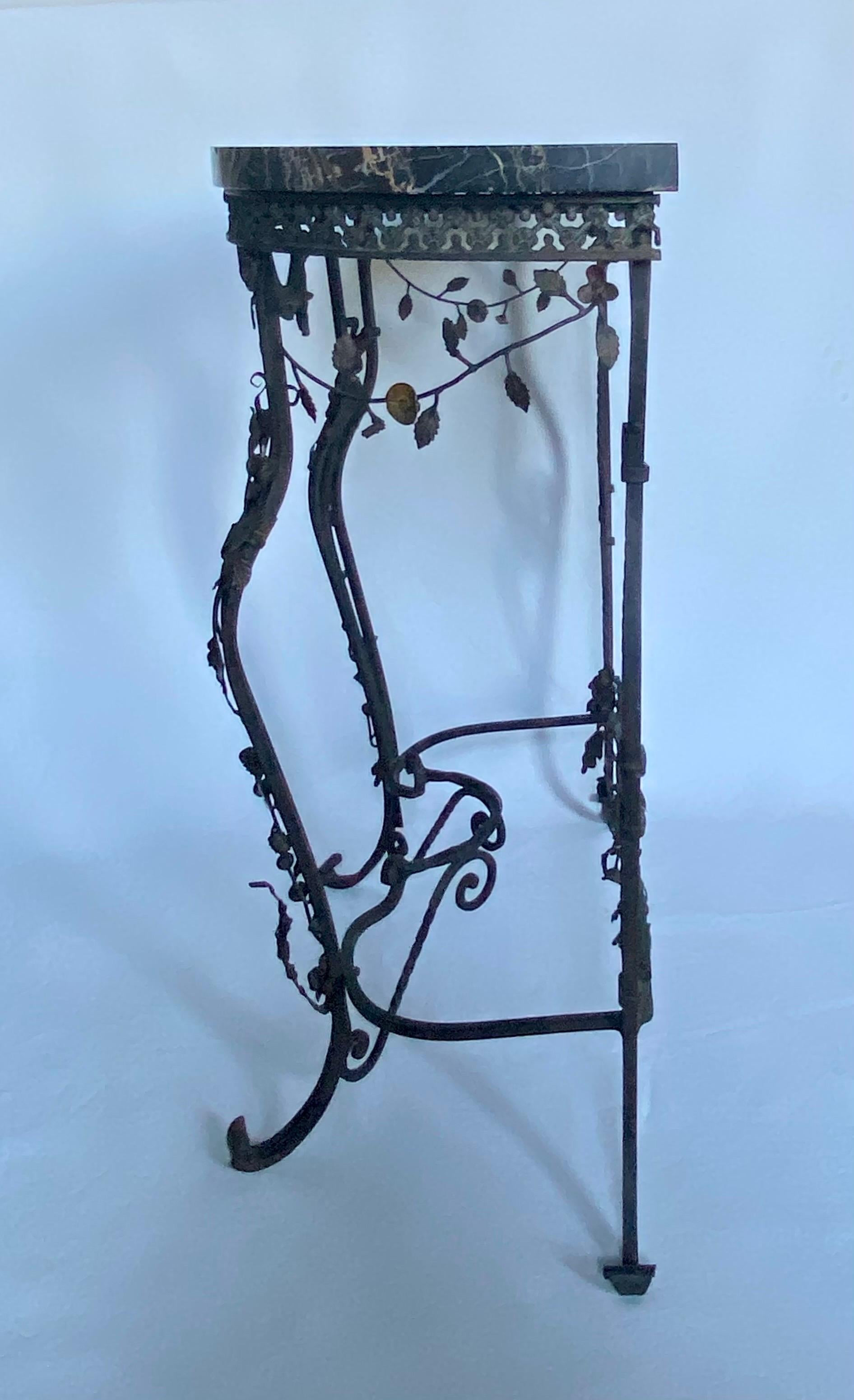 20th Century Floral Draped French Wrought Iron Demilune Console Table with Marble Top For Sale