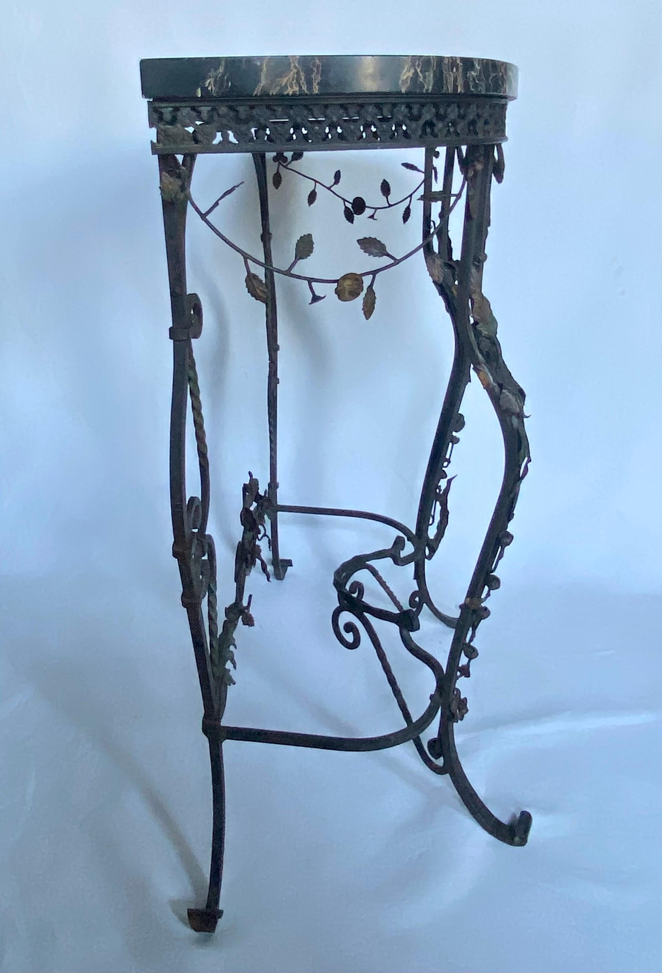 Floral Draped French Wrought Iron Demilune Console Table with Marble Top For Sale 1