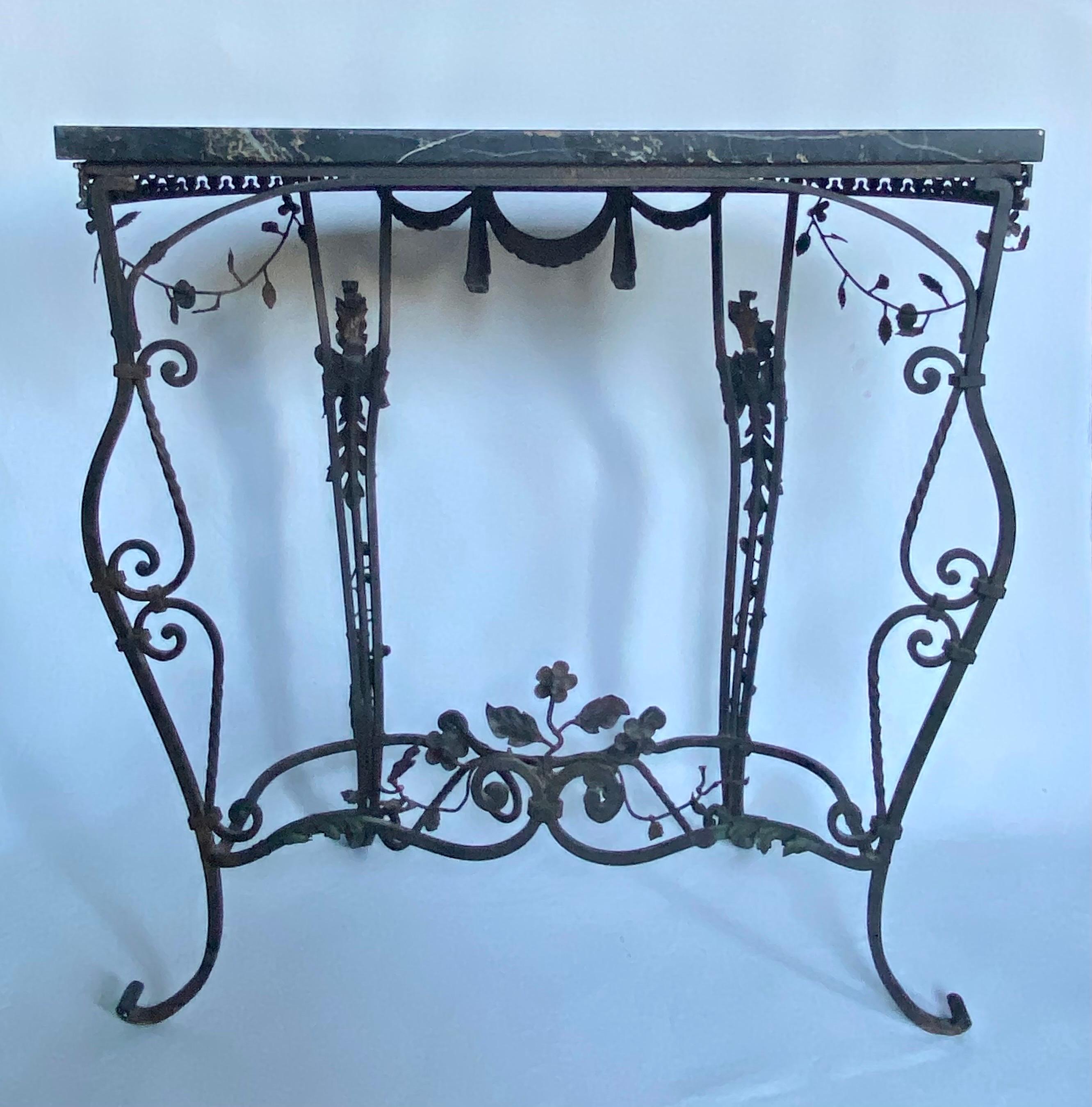 Floral Draped French Wrought Iron Demilune Console Table with Marble Top For Sale 2