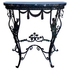 Floral Draped French Wrought Iron Demilune Console Table with Marble Top