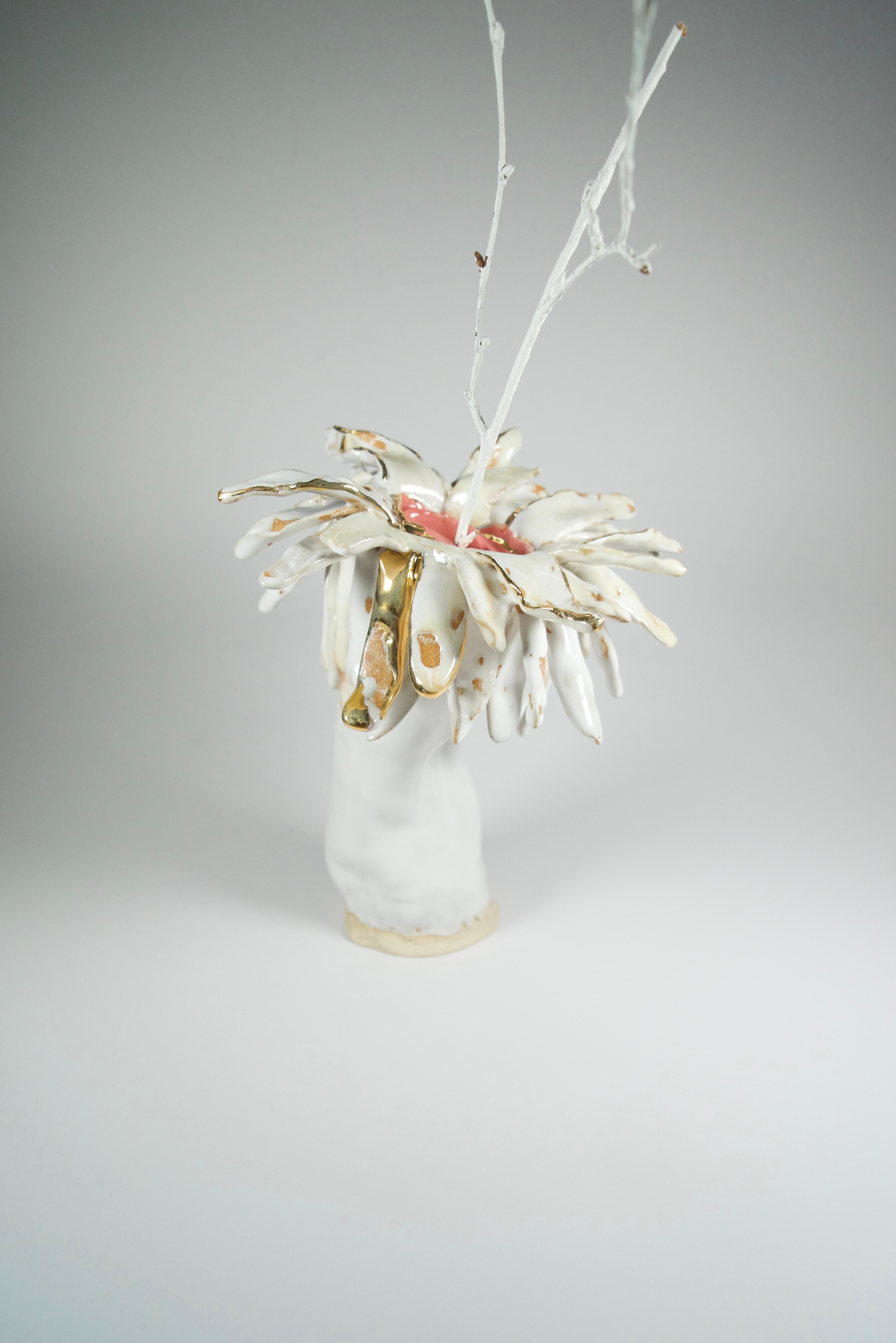 Vaso Duo floreale in gres rosa e bianco Art Nouveau Inspiried by Hania Jneid in vendita 4