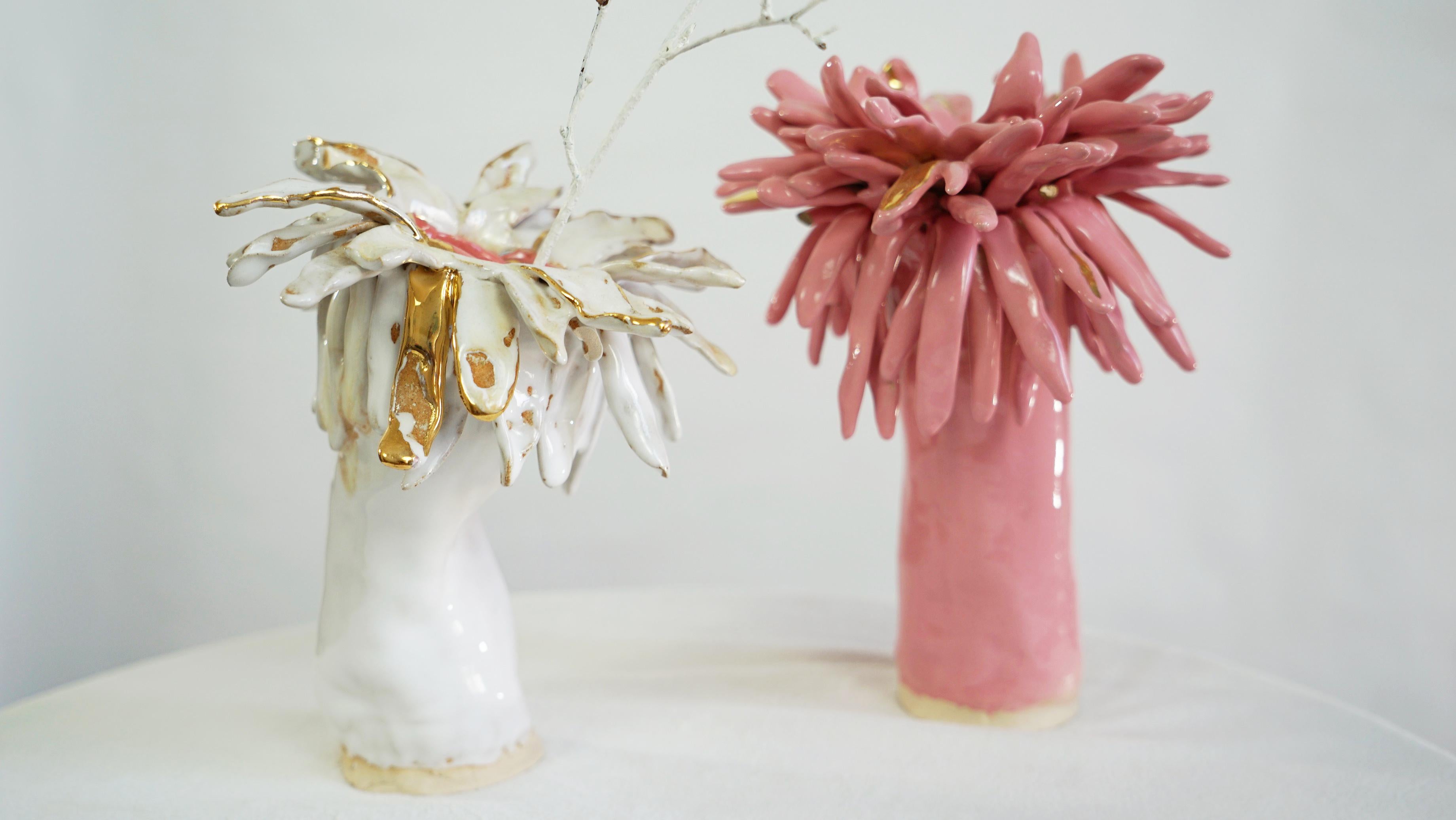 Spagnolo Vaso Duo floreale in gres rosa e bianco Art Nouveau Inspiried by Hania Jneid in vendita