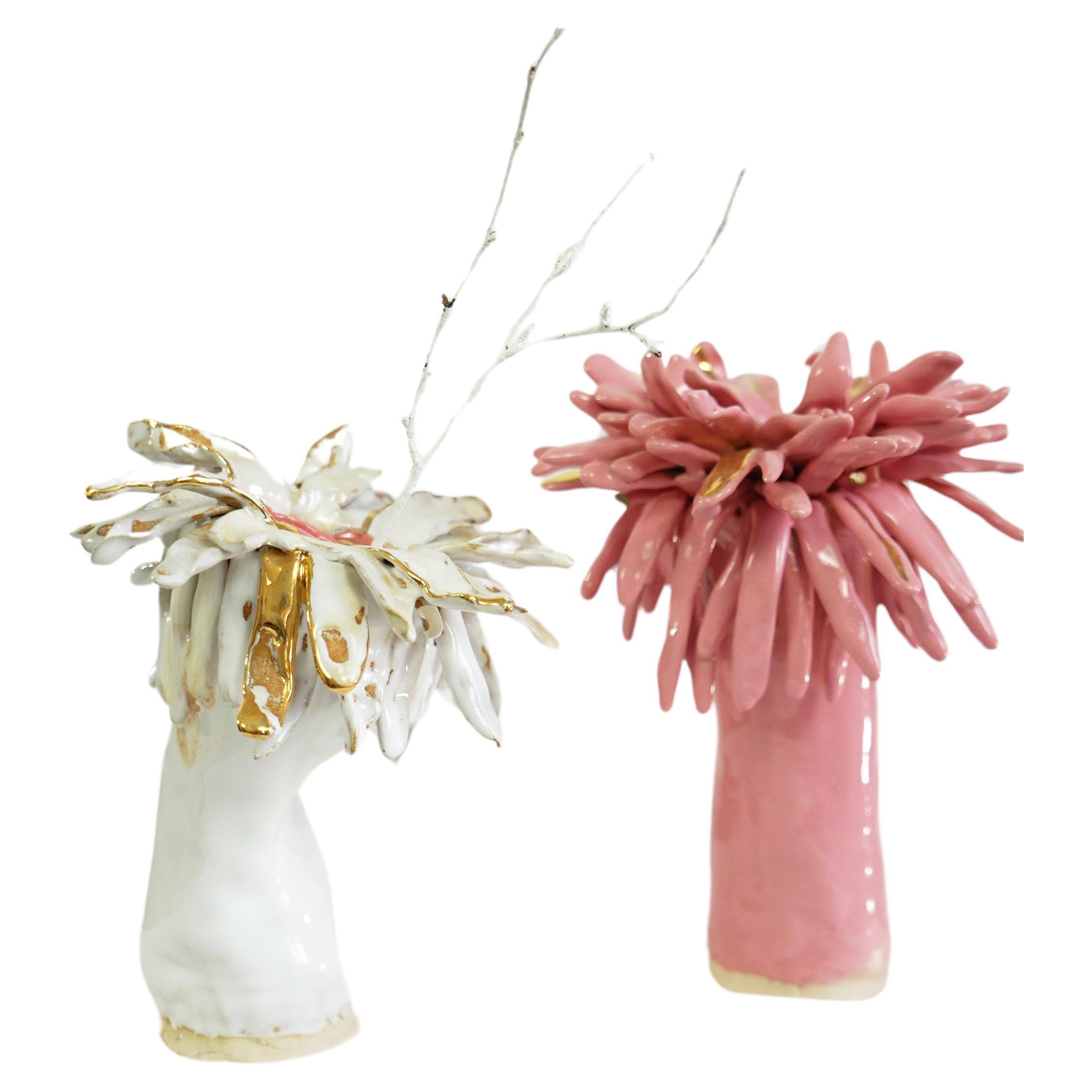Vaso Duo floreale in gres rosa e bianco Art Nouveau Inspiried by Hania Jneid in vendita