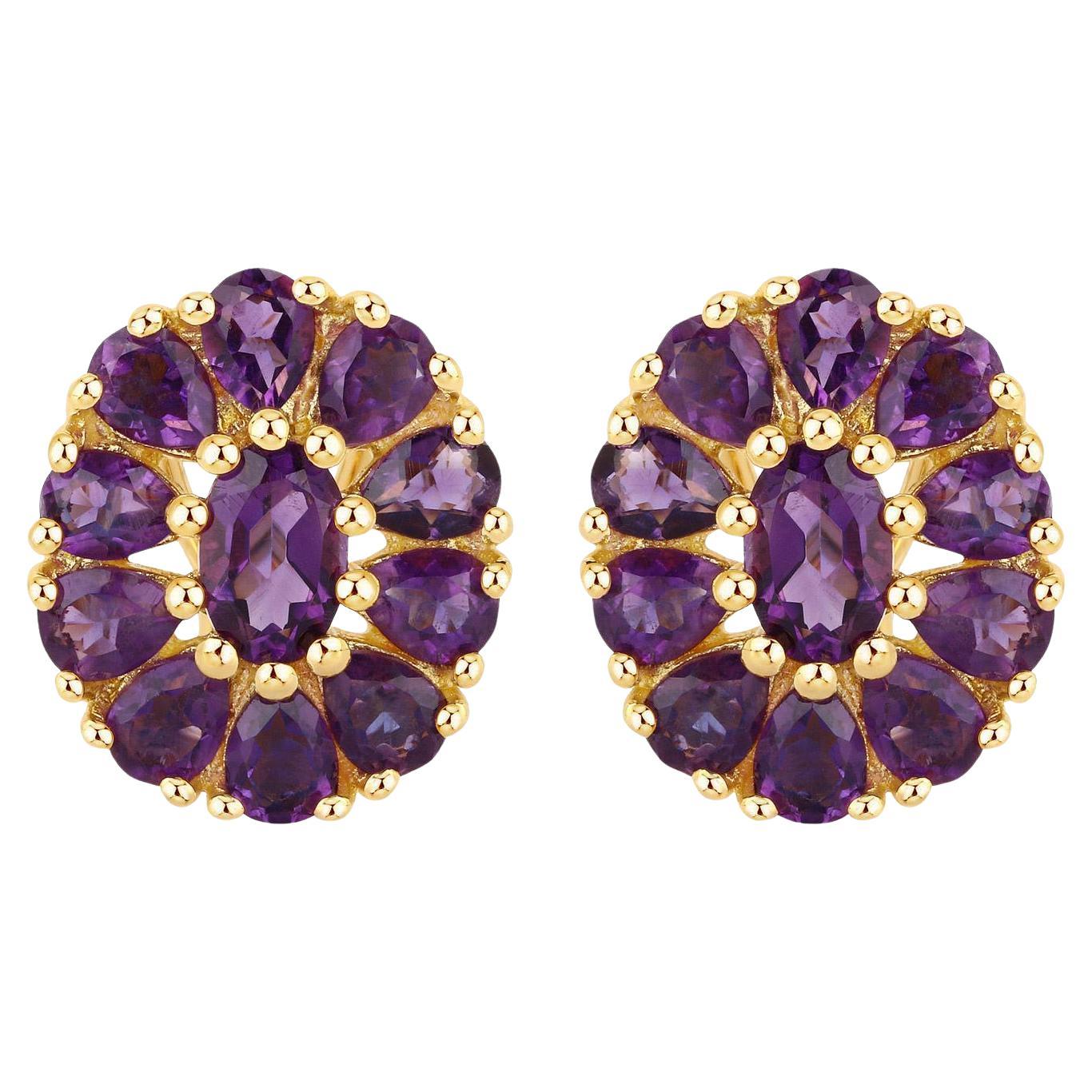 Floral Earrings Amethyst 3.82 Carats 18K Yellow Gold Plated Silver