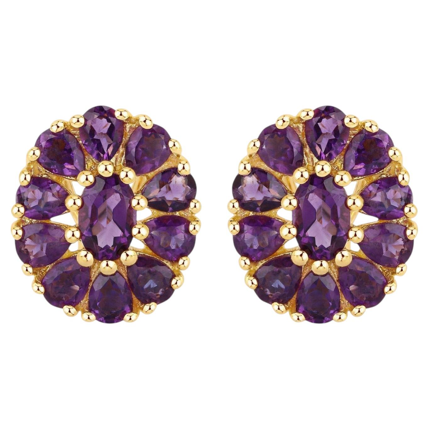 Pendientes Floral Amatista 3,82 Quilates Chapados en Oro Amarillo de 18 K Plata en venta