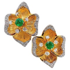 Floral Earrings Crafted in 18k Yellow Gold, Diamonds and Emeralds