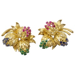 Floral Earrings Set in 18 Karat Yellow Gold with Sapphires, Rubies and Emeralds