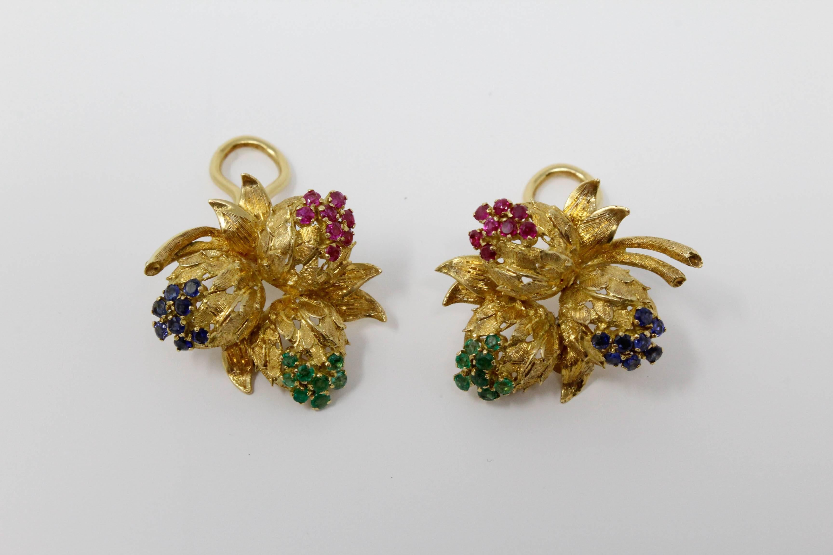 Women's Floral Earrings Set in 18 Karat Yellow Gold with Sapphires, Rubies and Emeralds For Sale