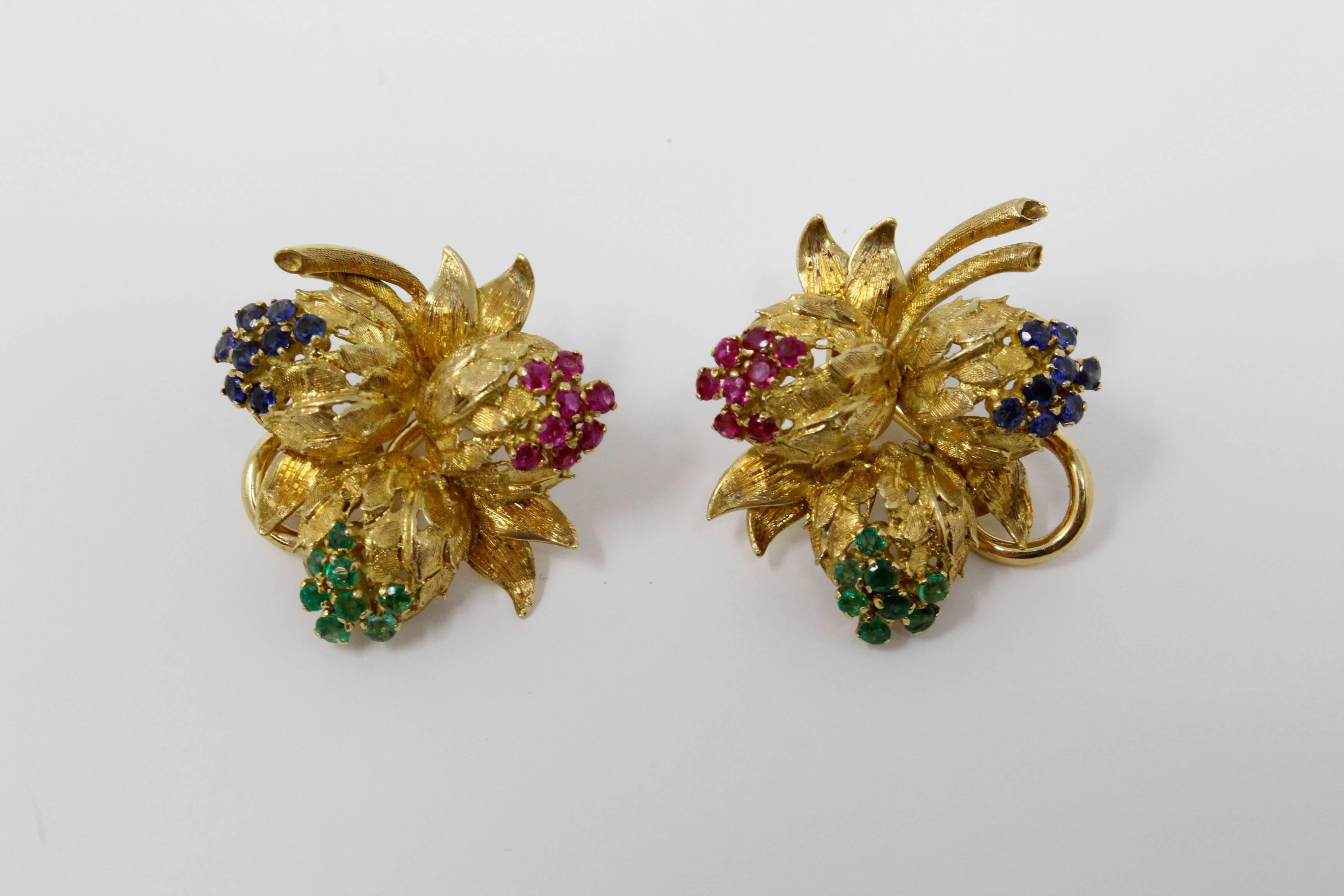 Floral Earrings Set in 18 Karat Yellow Gold with Sapphires, Rubies and Emeralds For Sale 1