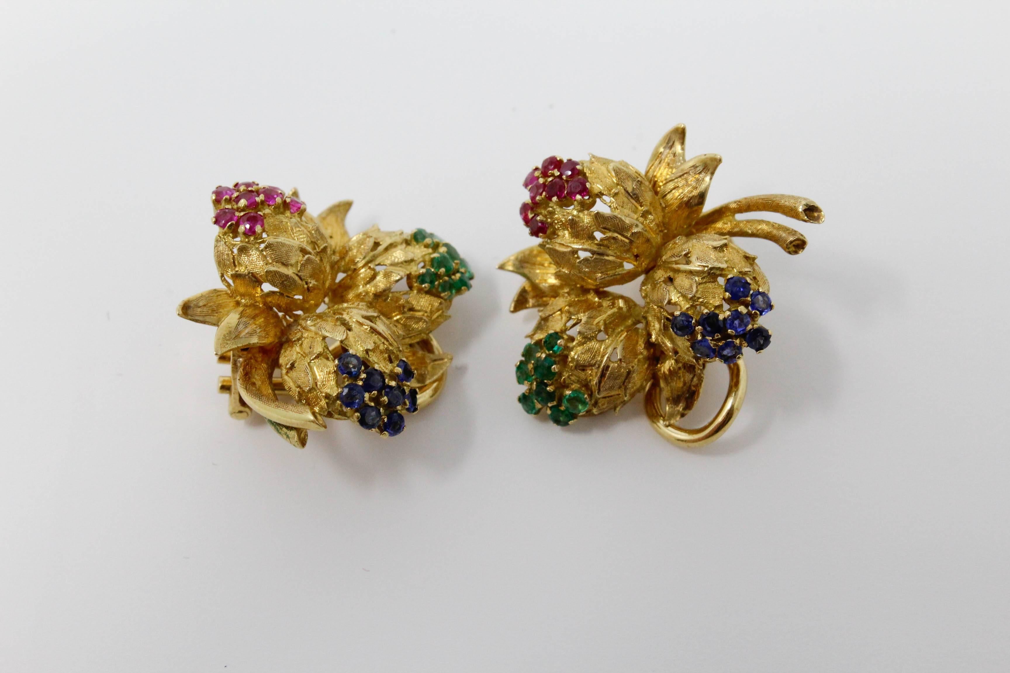 Floral Earrings Set in 18 Karat Yellow Gold with Sapphires, Rubies and Emeralds For Sale 2