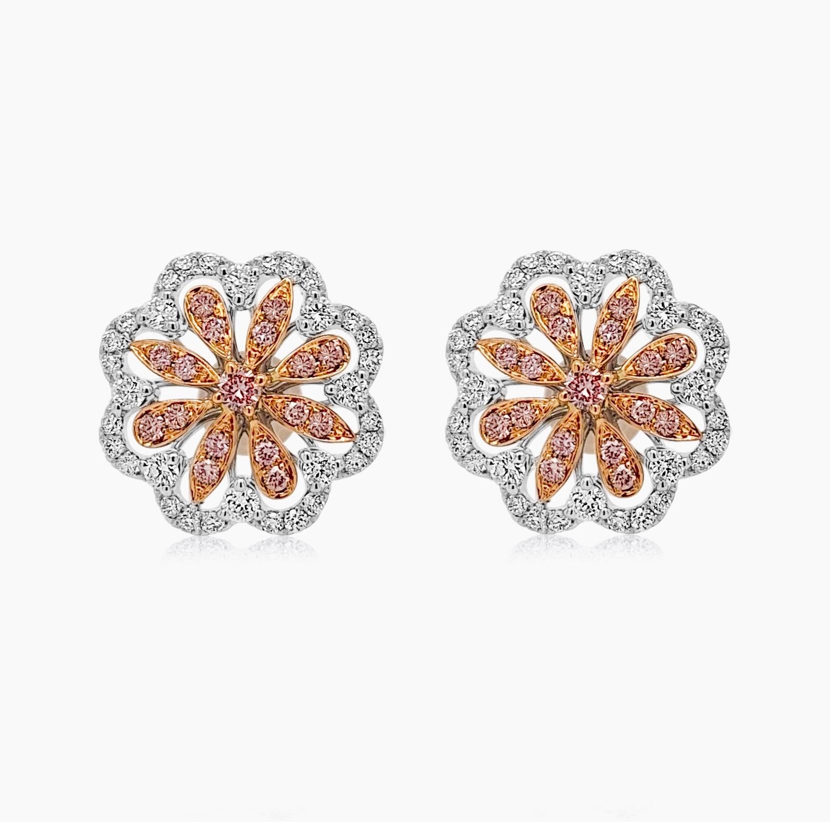 Pendientes Florales con Diamantes Rosas y Diamantes Blancos brillantes y redondos poco comunes Contemporáneo en venta
