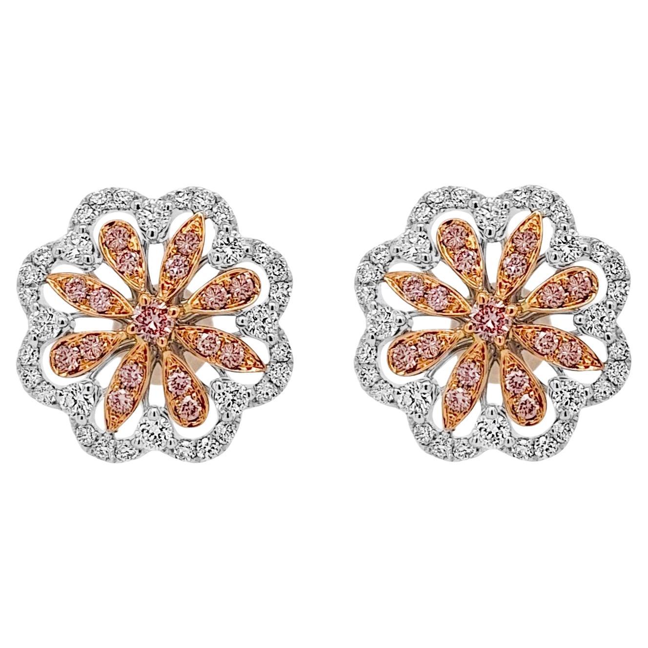 Pendientes Florales con Diamantes Rosas y Diamantes Blancos brillantes y redondos poco comunes en venta