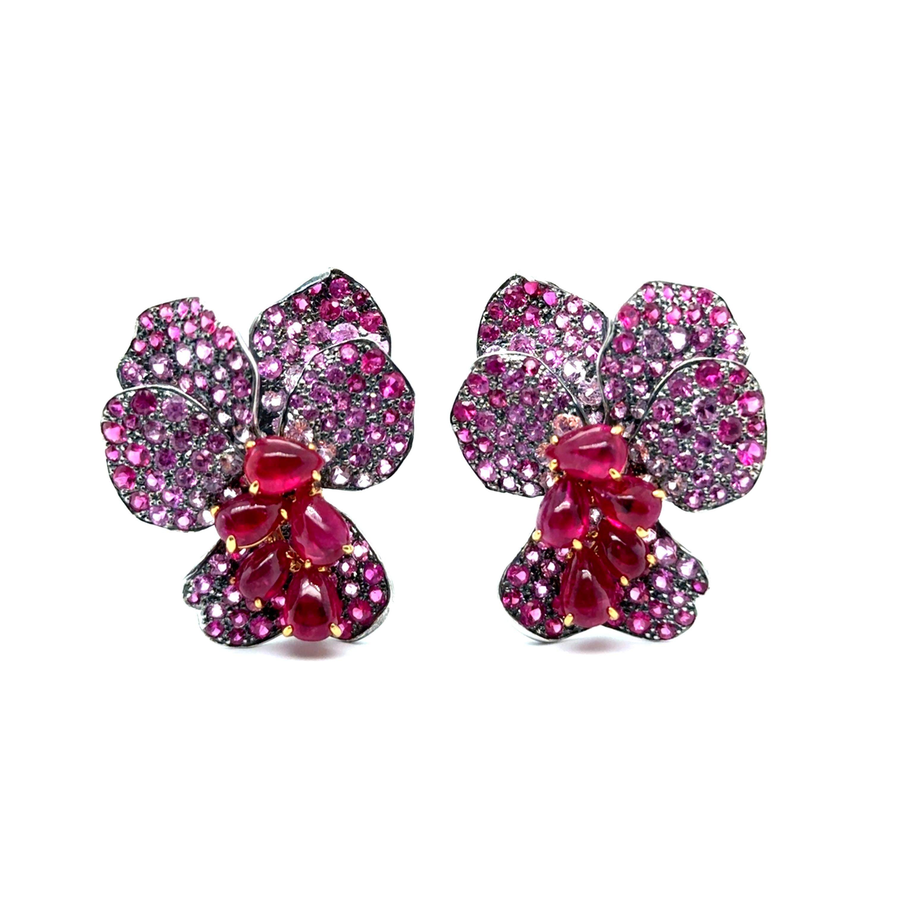 Artist Floral Earrings with Rubies & Pink Sapphires by Laura Munder For Sale