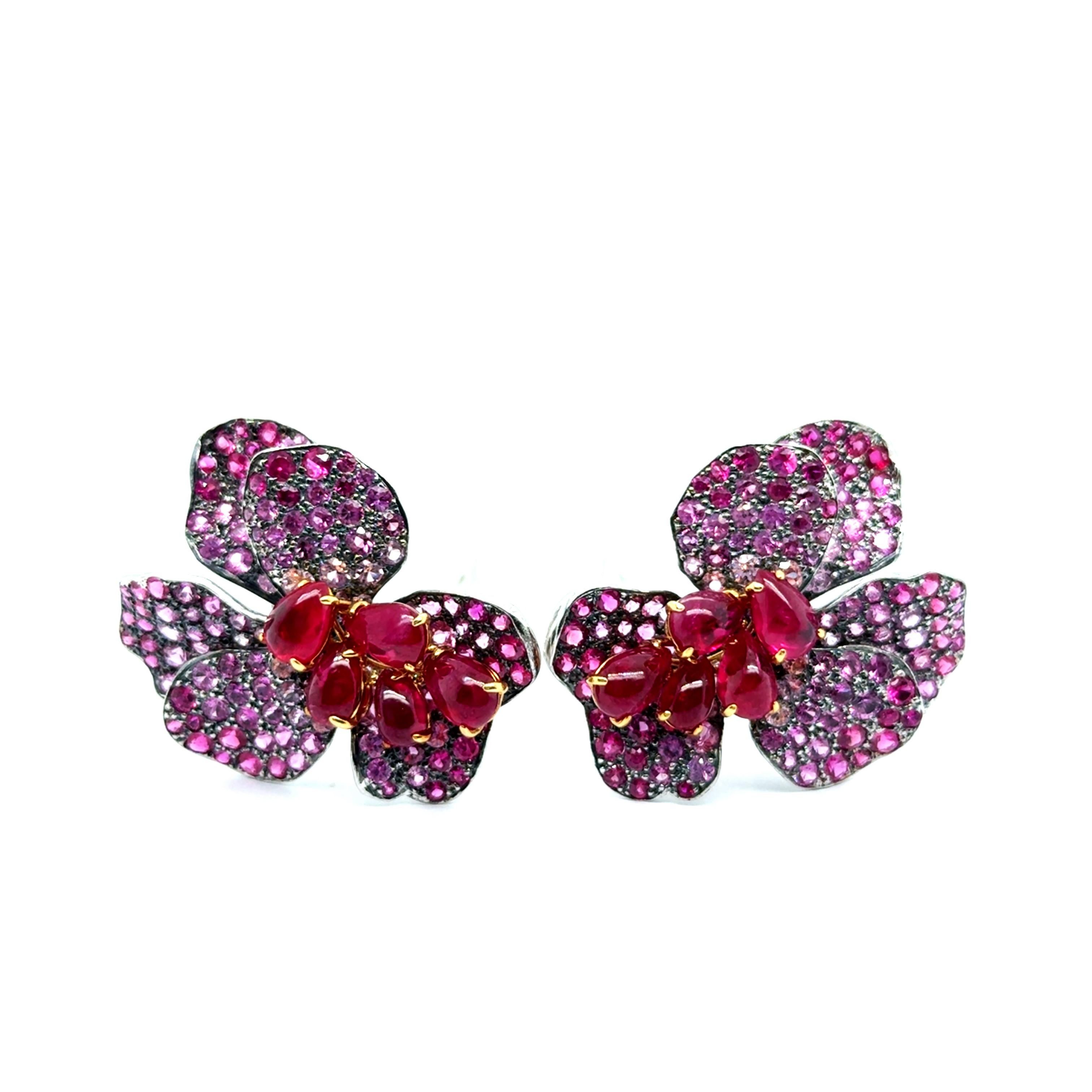 Mixed Cut Floral Earrings with Rubies & Pink Sapphires by Laura Munder For Sale