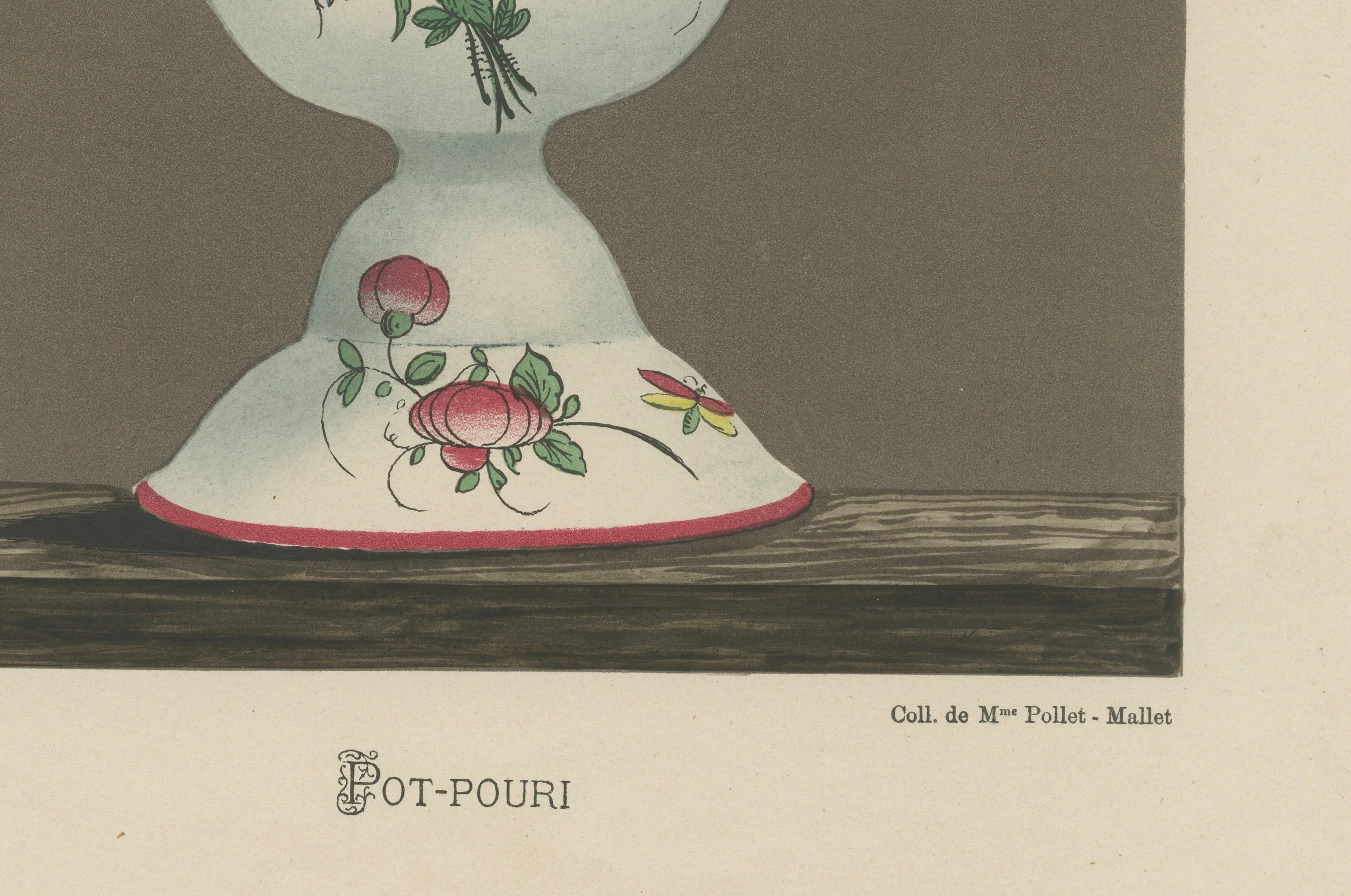 This chromolithograph depicts a Strasbourg pot-pourri vessel, richly adorned with floral motifs in a vibrant palette that includes a prominent red rose as the centerpiece. 

The pot, which is part of Plate 108 from a collection, includes decorative