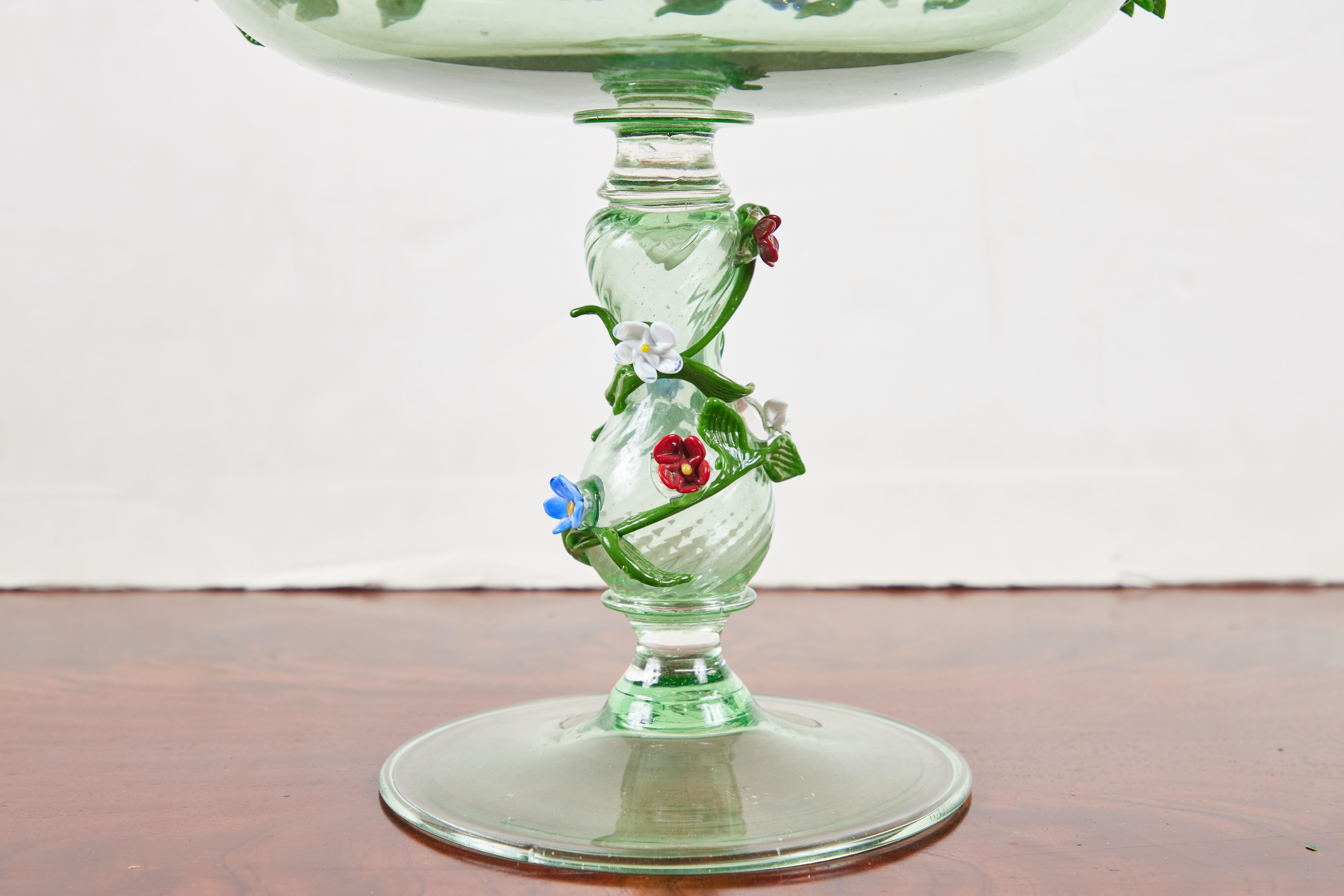 Appliqué Floral Embellished, Italian Glass Tazza For Sale
