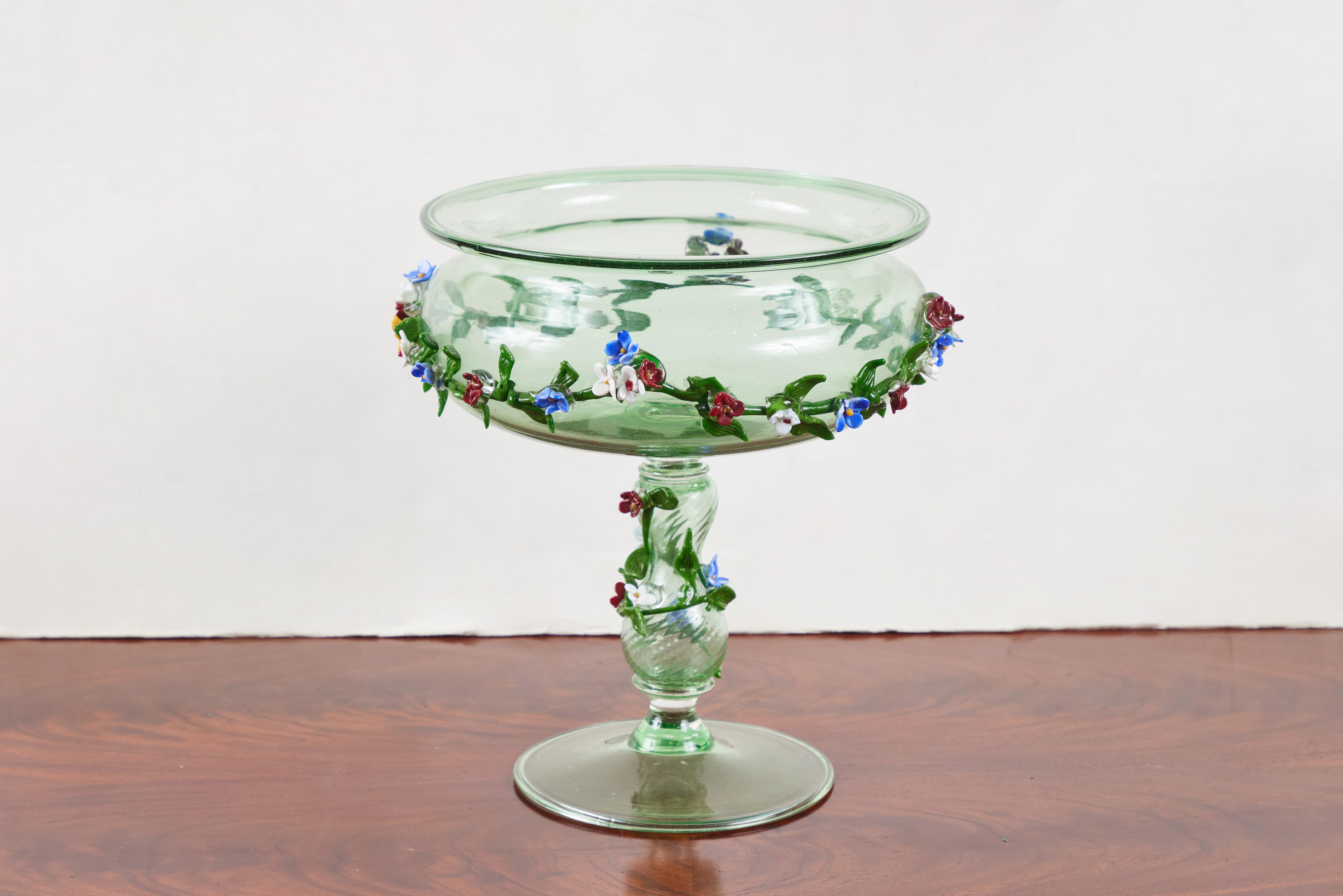 Early 20th Century Floral Embellished, Italian Glass Tazza For Sale