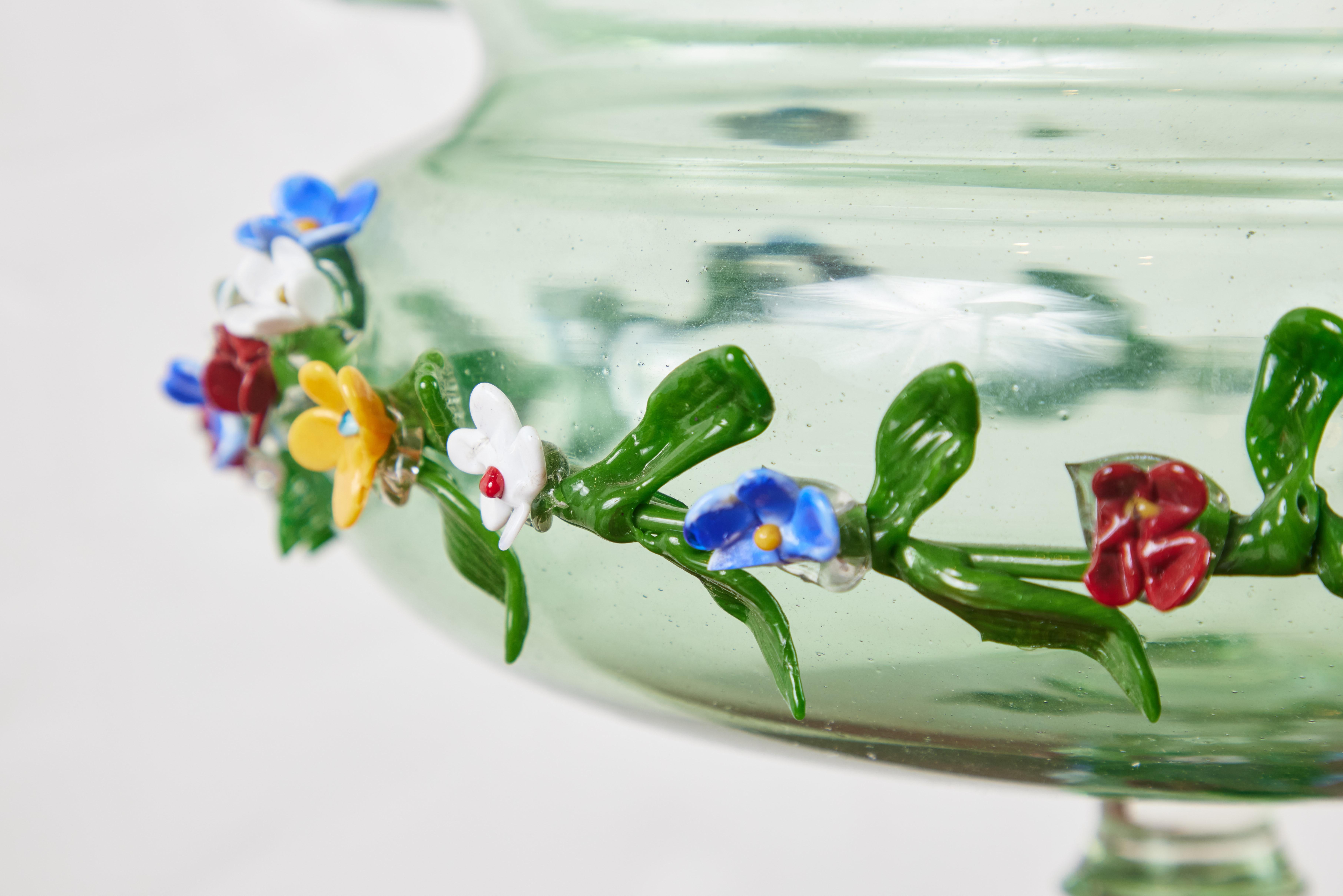 Blown Glass Floral Embellished, Italian Glass Tazza For Sale