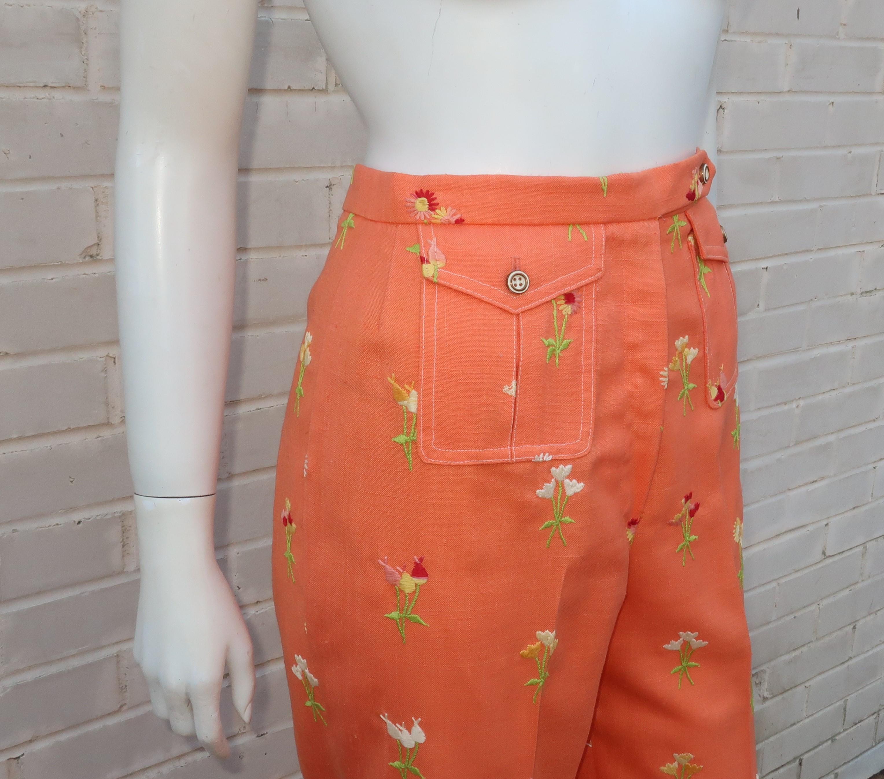 Orange Floral Embroidered Nubby Linen Pants, 1970's 