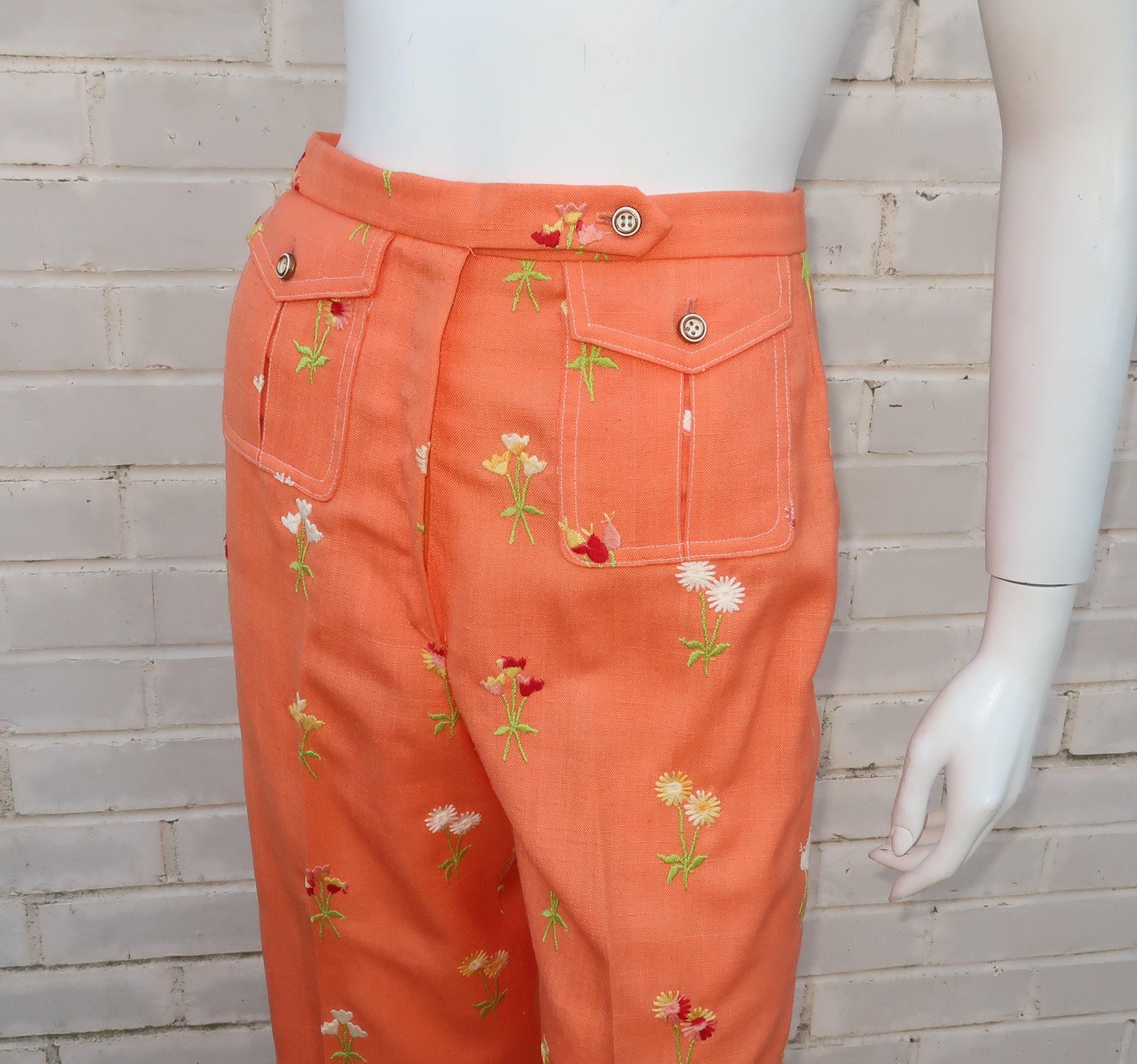 Women's Floral Embroidered Nubby Linen Pants, 1970's 