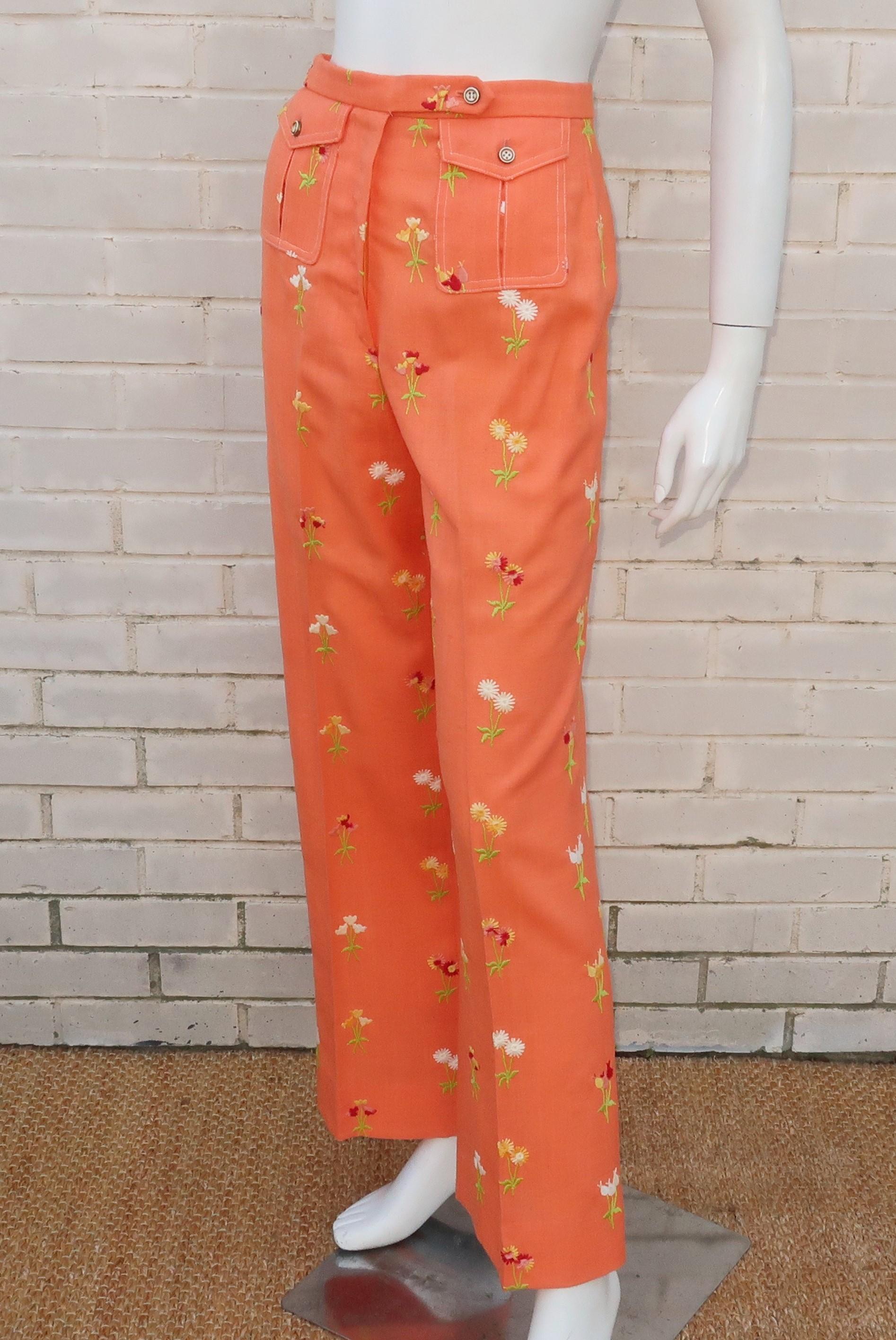 Floral Embroidered Nubby Linen Pants, 1970's  1