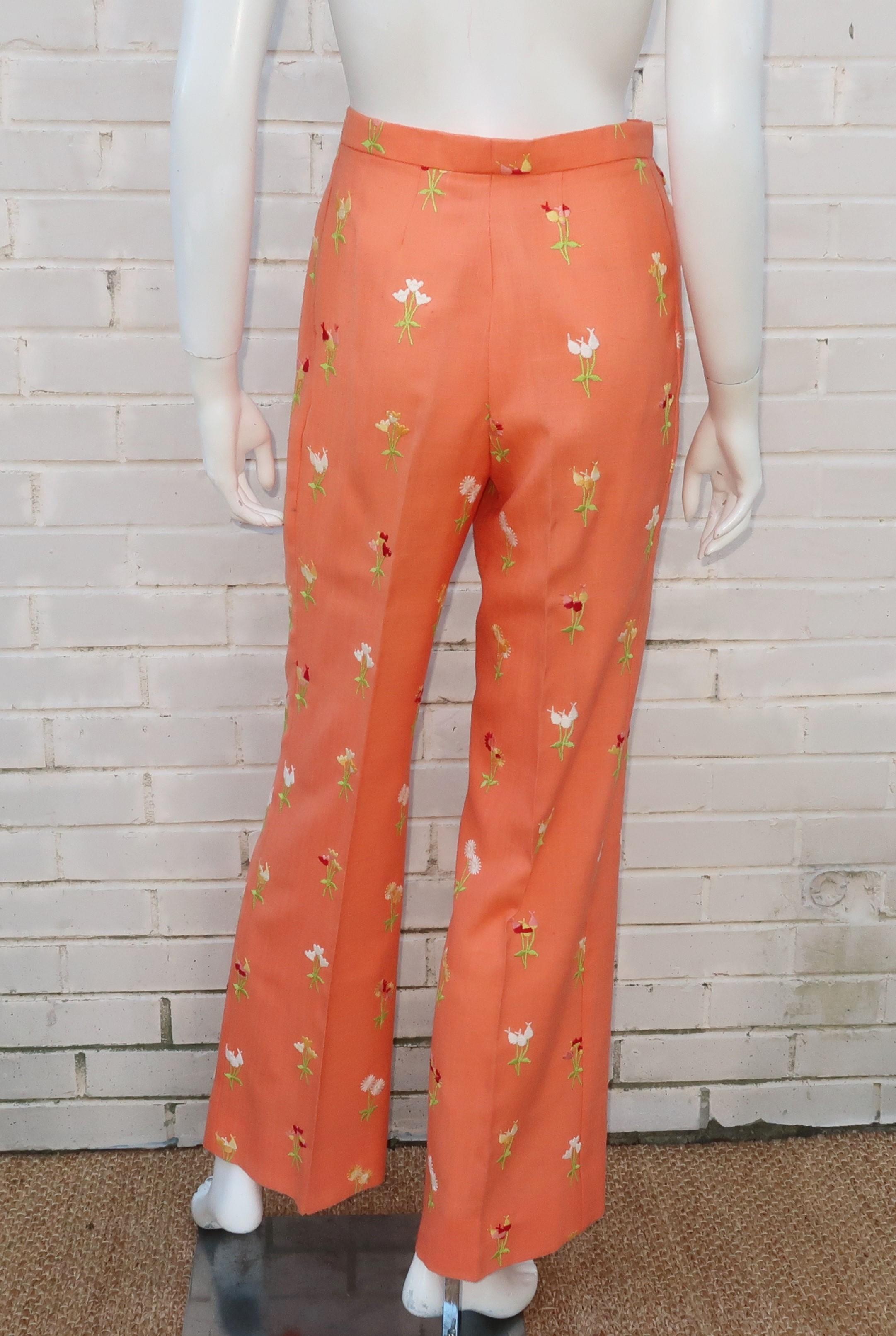 Floral Embroidered Nubby Linen Pants, 1970's  2