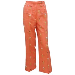 Vintage Floral Embroidered Nubby Linen Pants, 1970's