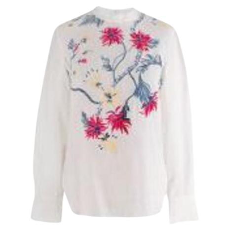 Top Chemisier LOFT Bordeaux Brodé Fleurs Blanches Manches Courtes - Taille L Occasion Bon état