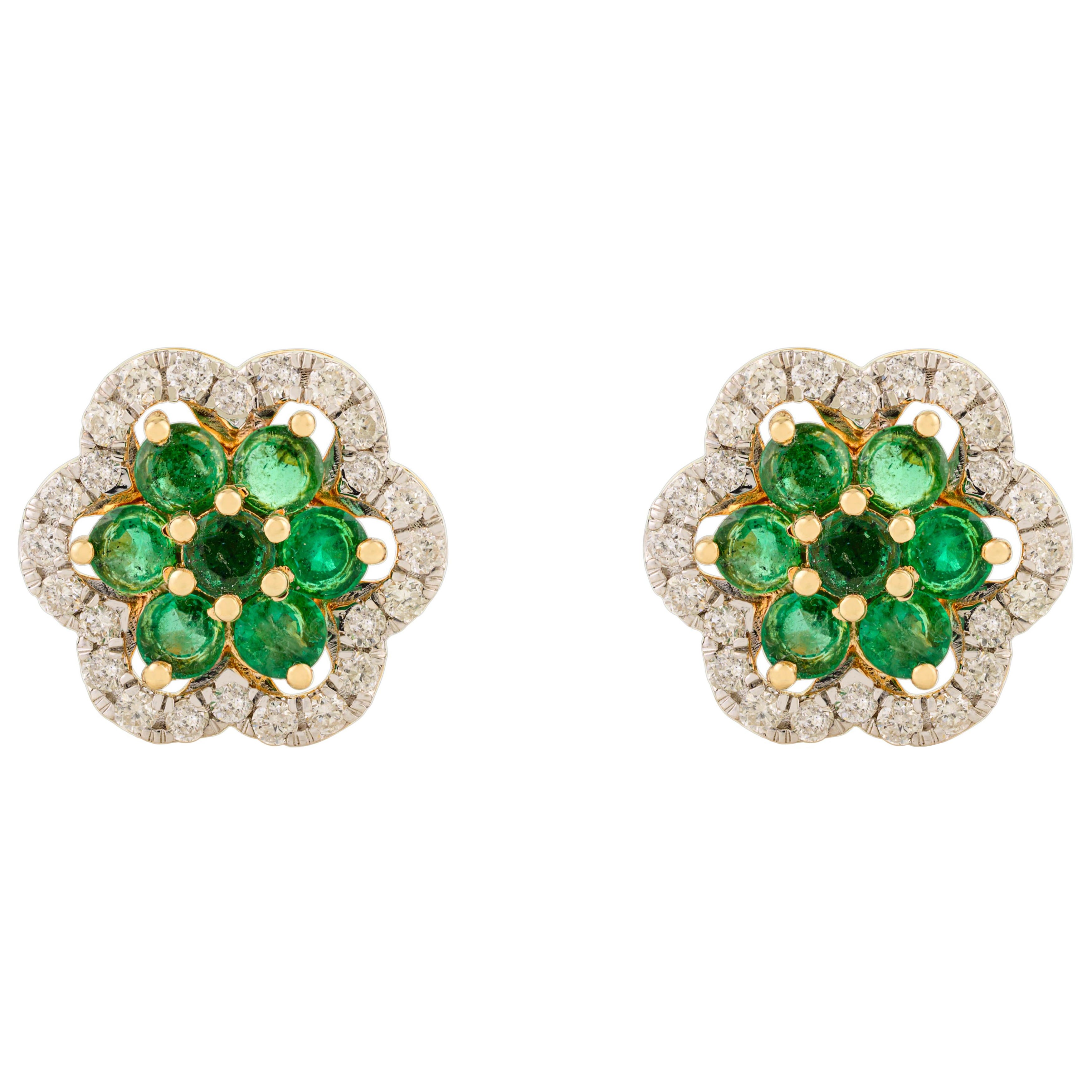 Pendientes florales de oro amarillo de 18 quilates con esmeralda y diamantes para esposa en venta