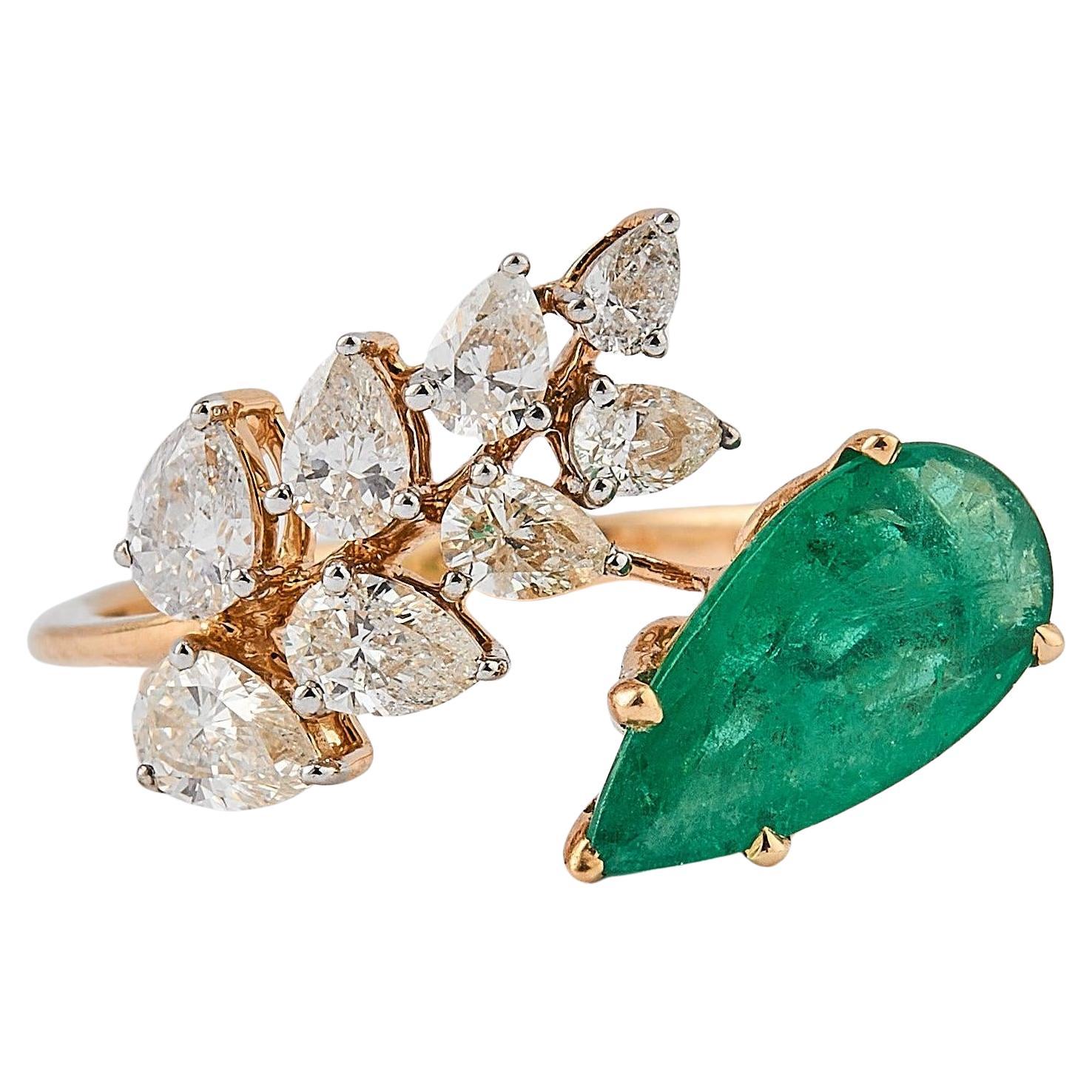 Floral Emerald Diamond Bypass Ring in 14k Solid Gold (Certified) For Sale