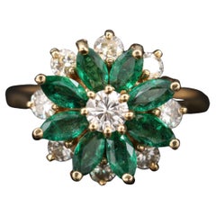 Floral Emerald Diamond Gold Engagement Wedding Ring Marquise Cut Cluster Ring