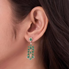 4.91 Carat Floral Natural Emerald & Diamond Dangle Earrings, 14K Solid Gold